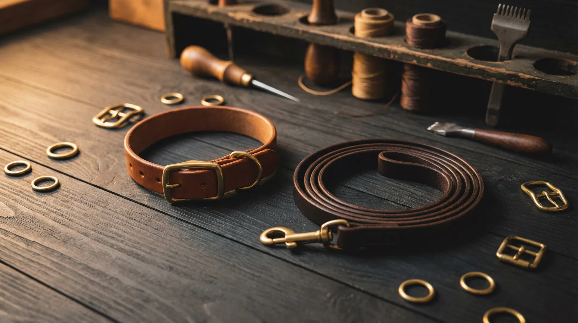 Handcrafted leather dog gear on workshop bench