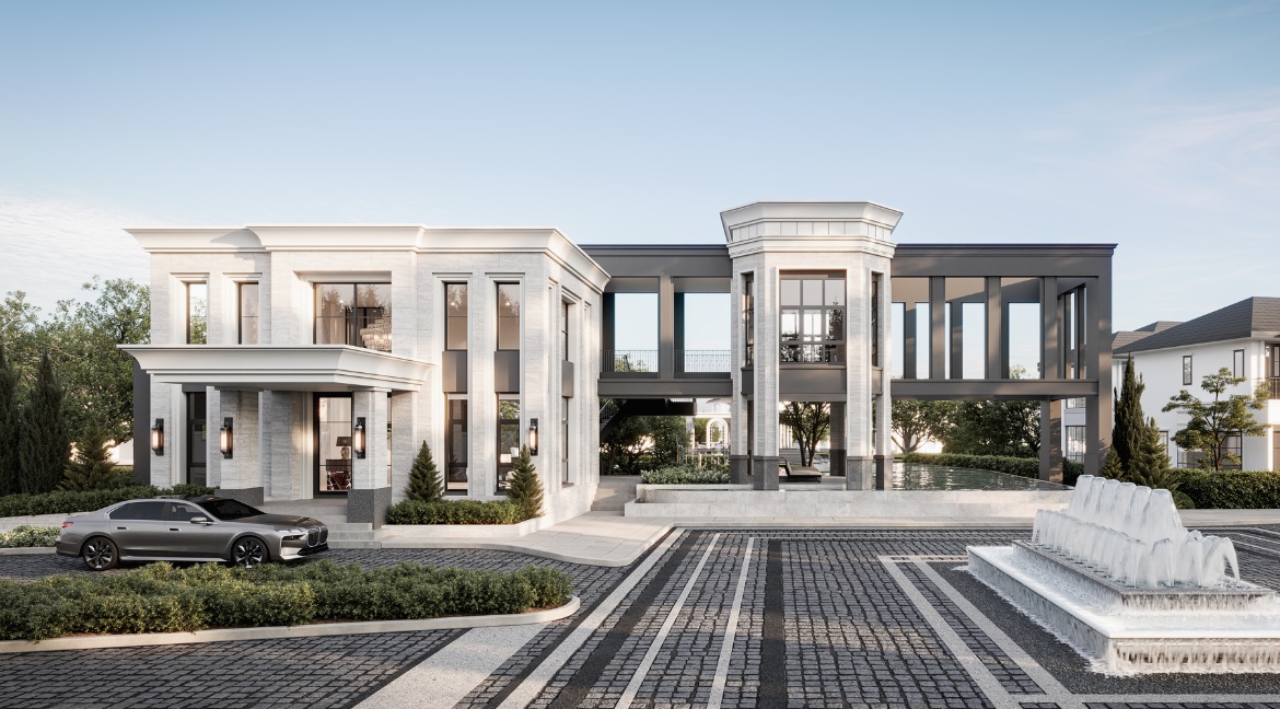 RAKHA PATTAYA luxurious modern house exterior with a fountain, elegant paving, and a car.