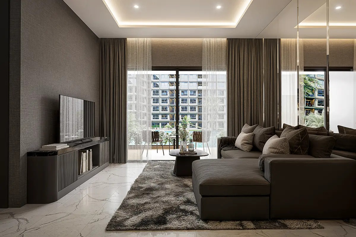 2 Bedroom Condo for Sale at Zenith 2: patio view of the swimming pool, palm trees, and apartment buildings.