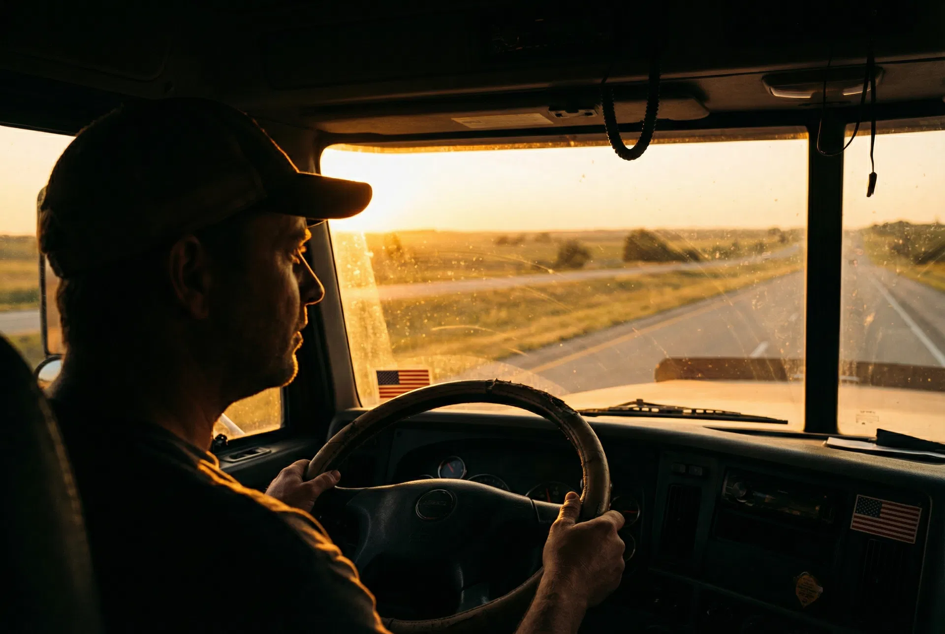 Truck driver on the open road at golden hour