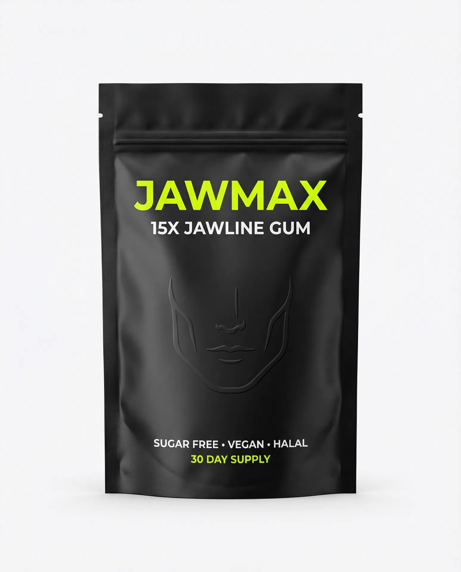 JawMax 15x jawline gum front packaging — matte black pouch