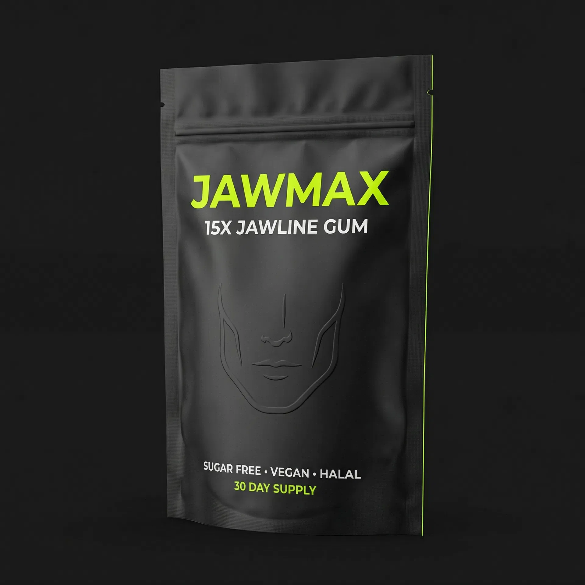 JawMax packaging 3/4 angle view — premium matte black pouch