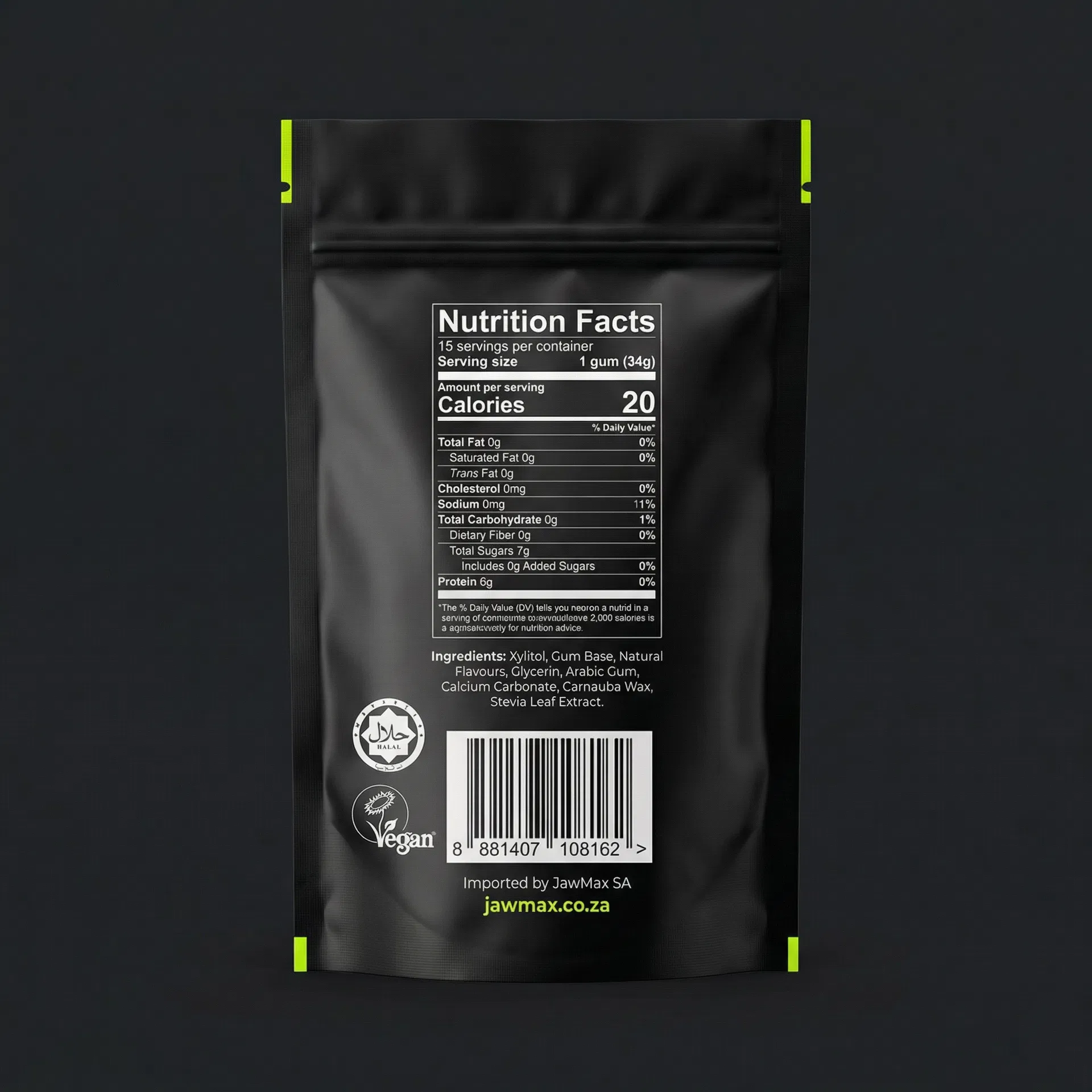 JawMax back of pack — nutrition facts, Halal certified, Vegan, jawmax.co.za