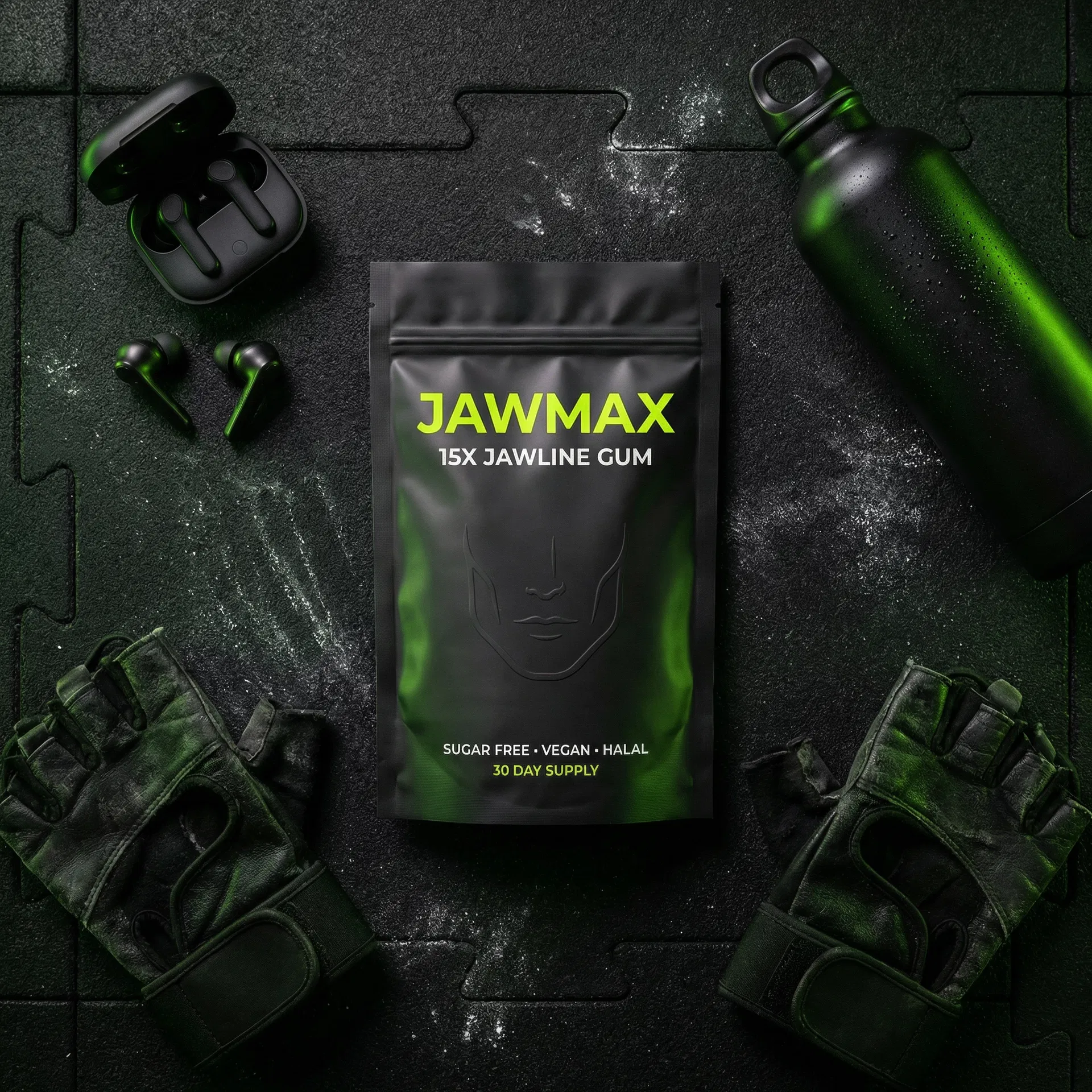 JawMax gym lifestyle flat lay with earphones and water bottle
