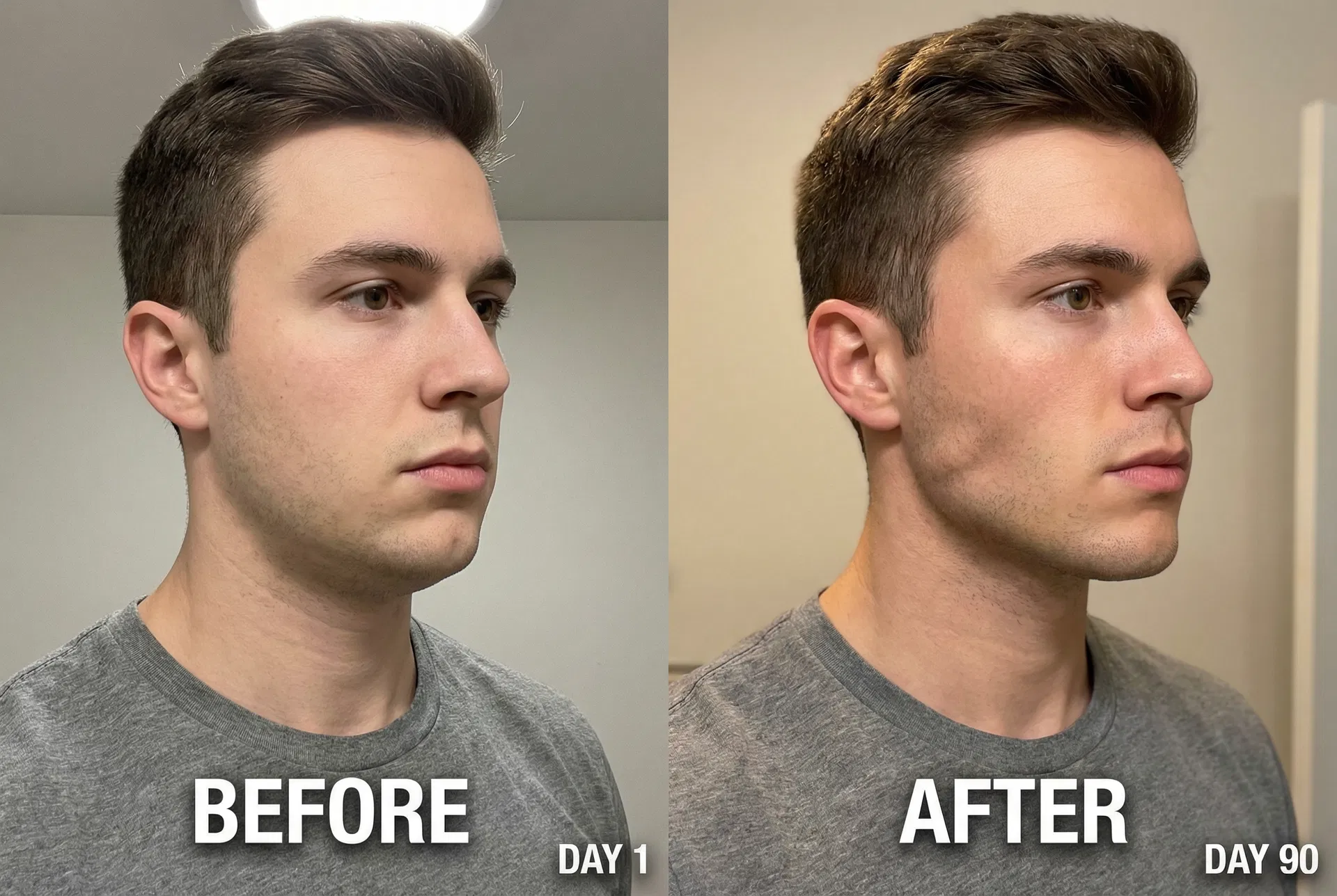Before and after jawline transformation results from using JawMax 15x jawline gum over 90 days - visible jawline definition improvement