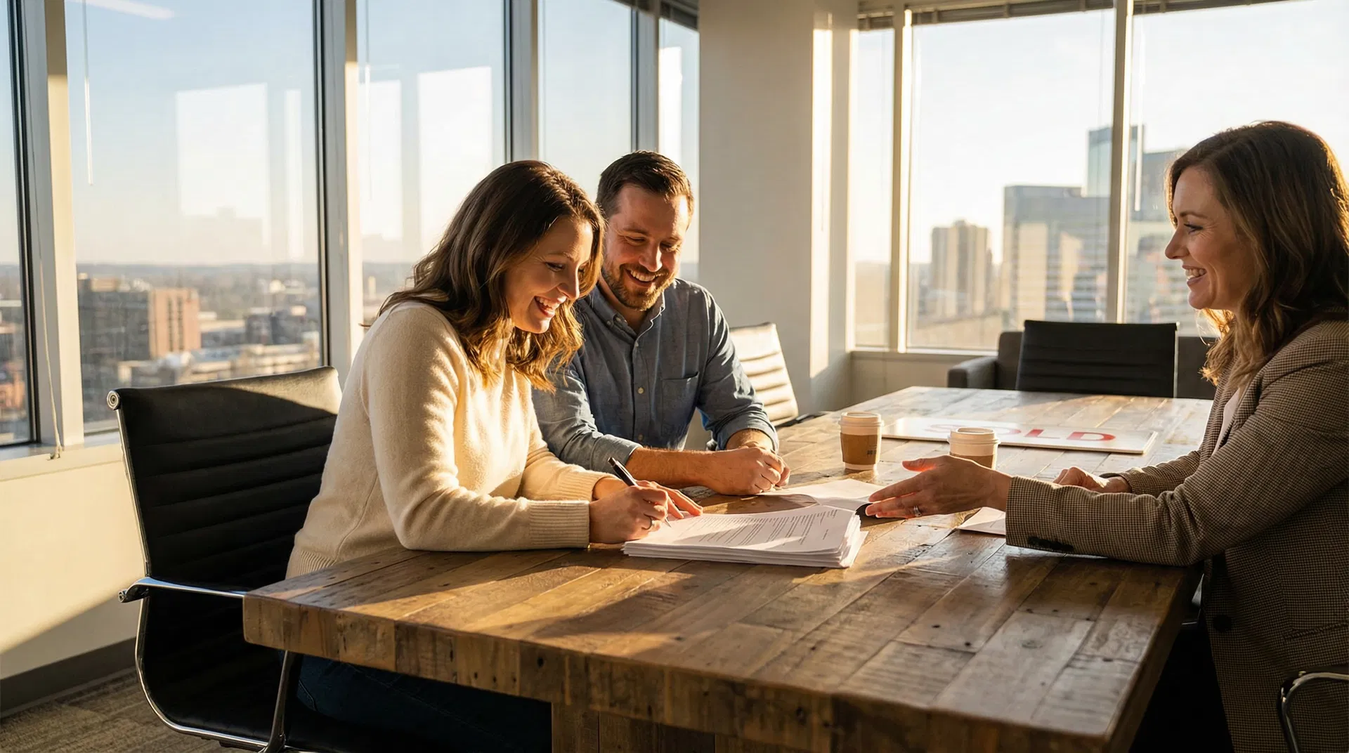 Happy couple signing closing documents with their agent
