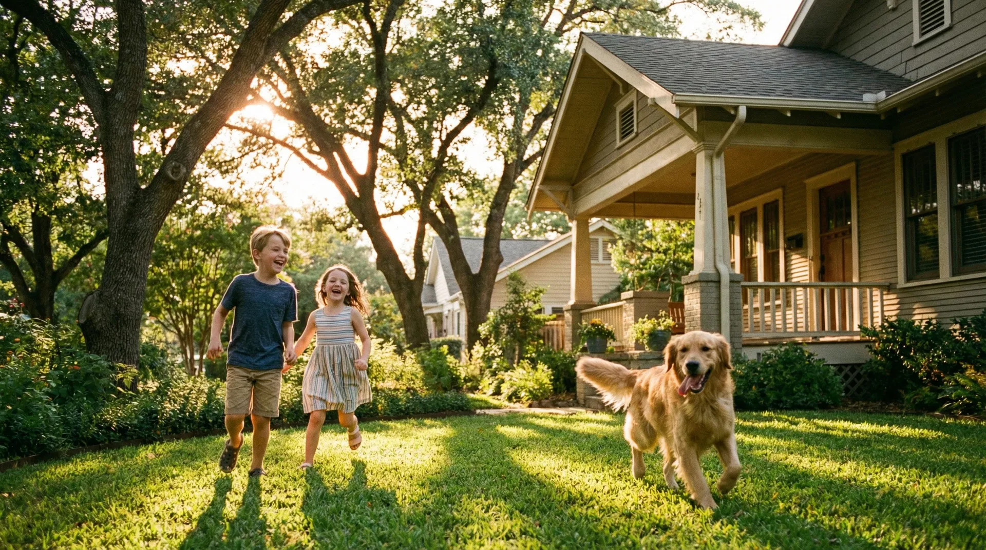 Children and golden retriever playing in a sunny backyard