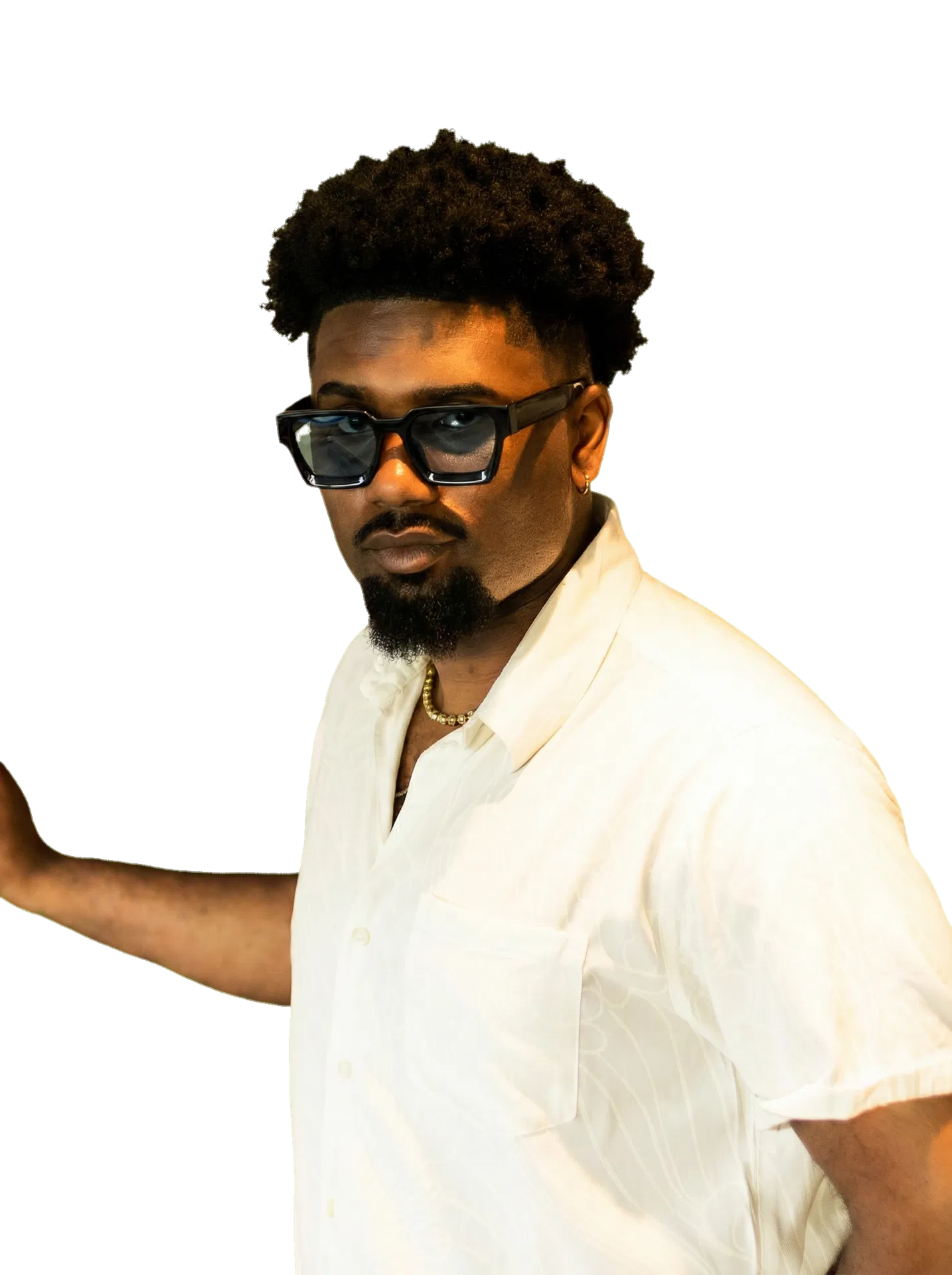 Refined portrait of a Black subject in warm neutral editorial lighting