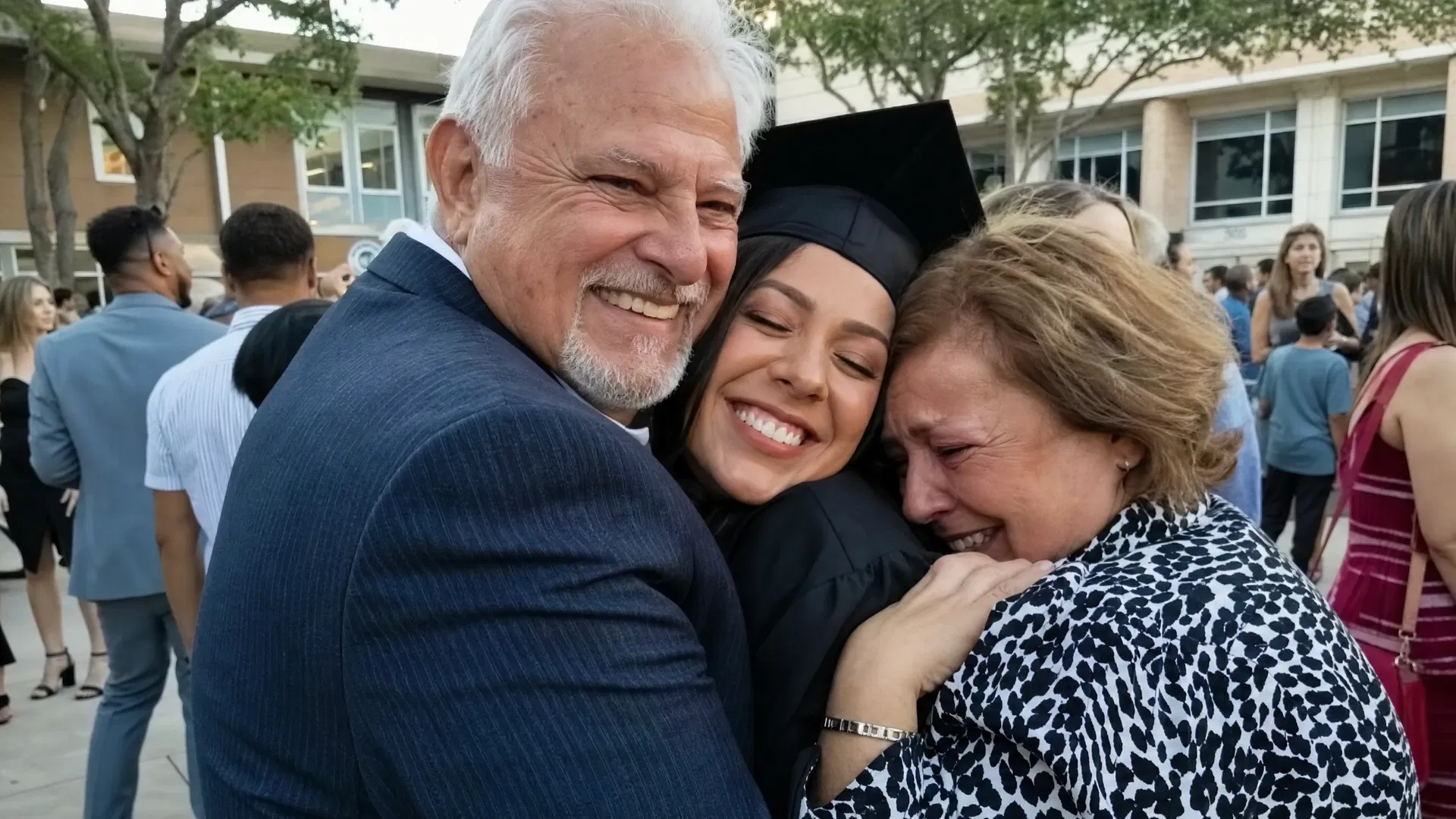 Grandparents hugging their grandchild in graduation cap and gown after the ceremony