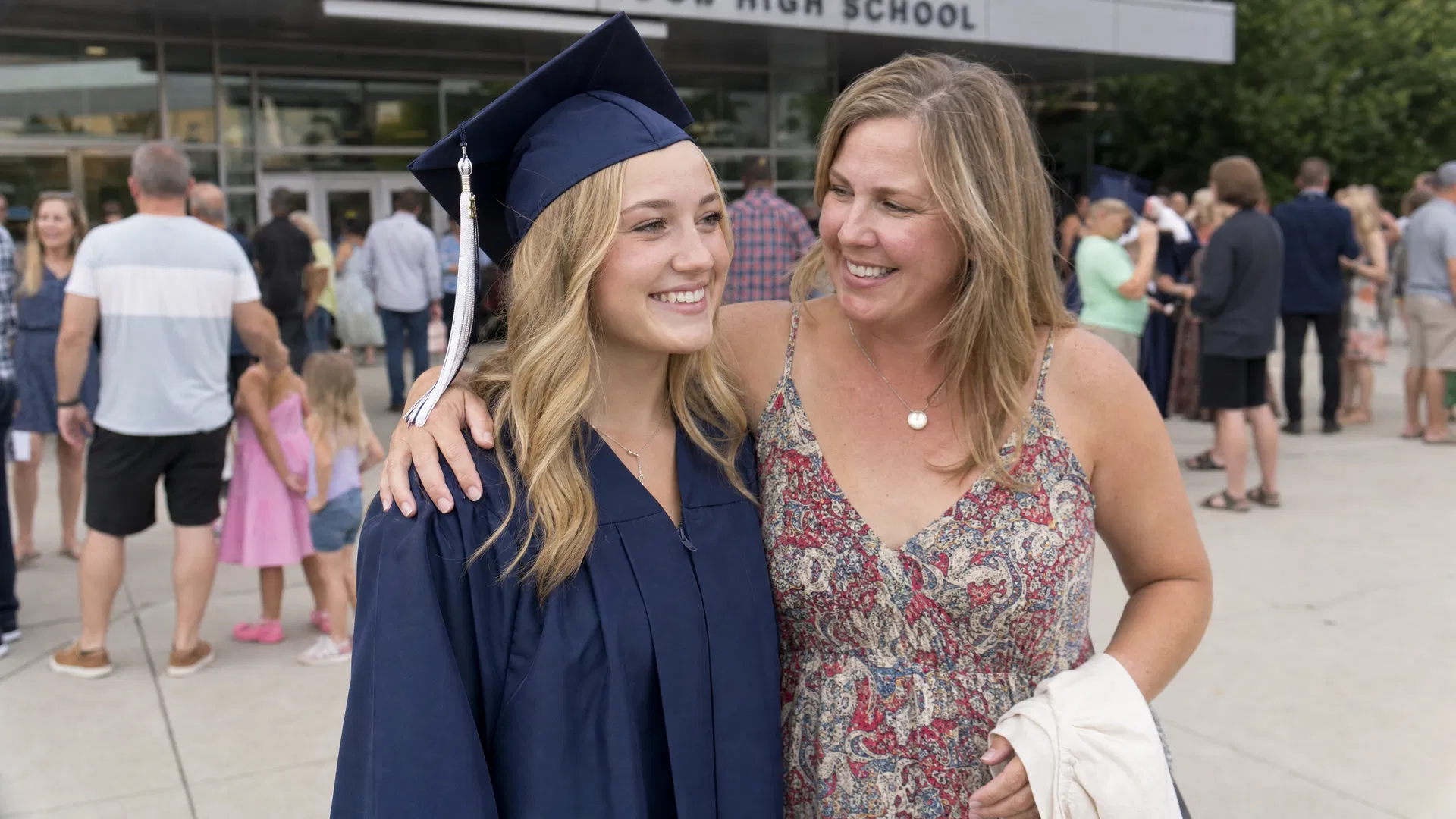 Mom with her arm around her daughter in graduation cap and gown outside the high school
