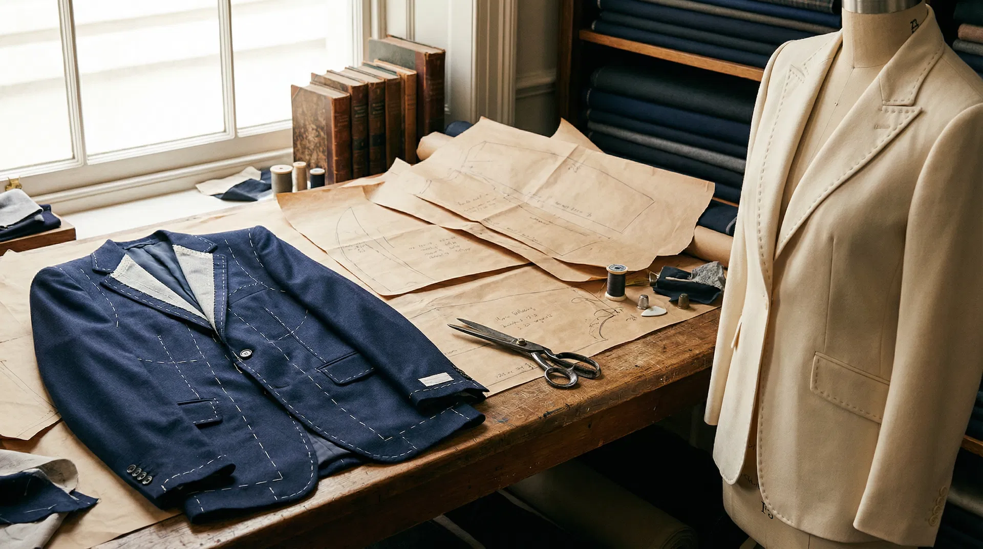 Bespoke tailoring atelier — men's and women's suiting on a Savile Row workbench