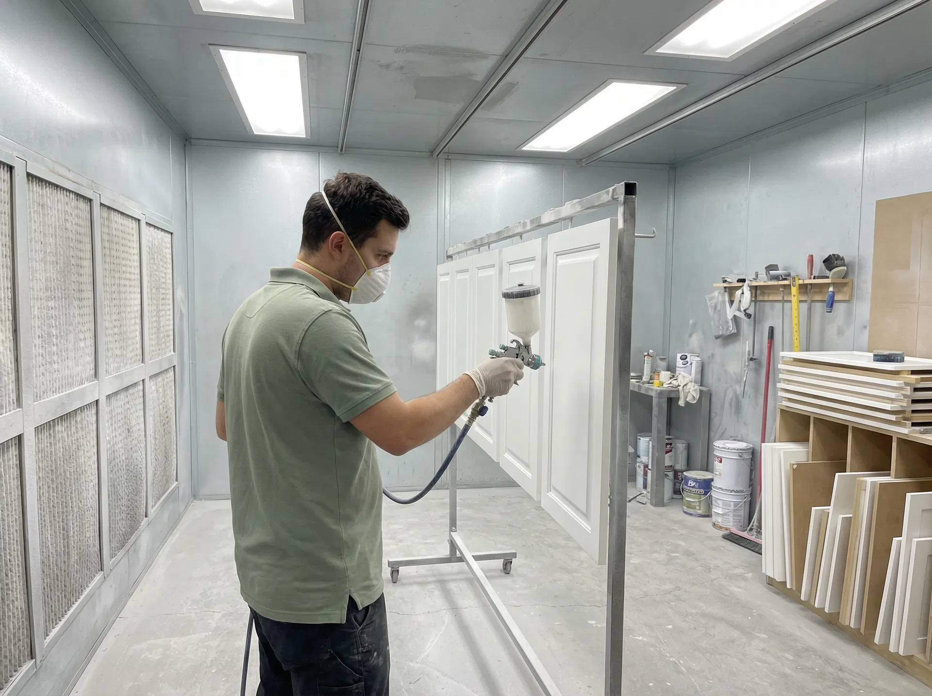Wise Pro Painting technician spray painting cabinet doors in professional spray booth