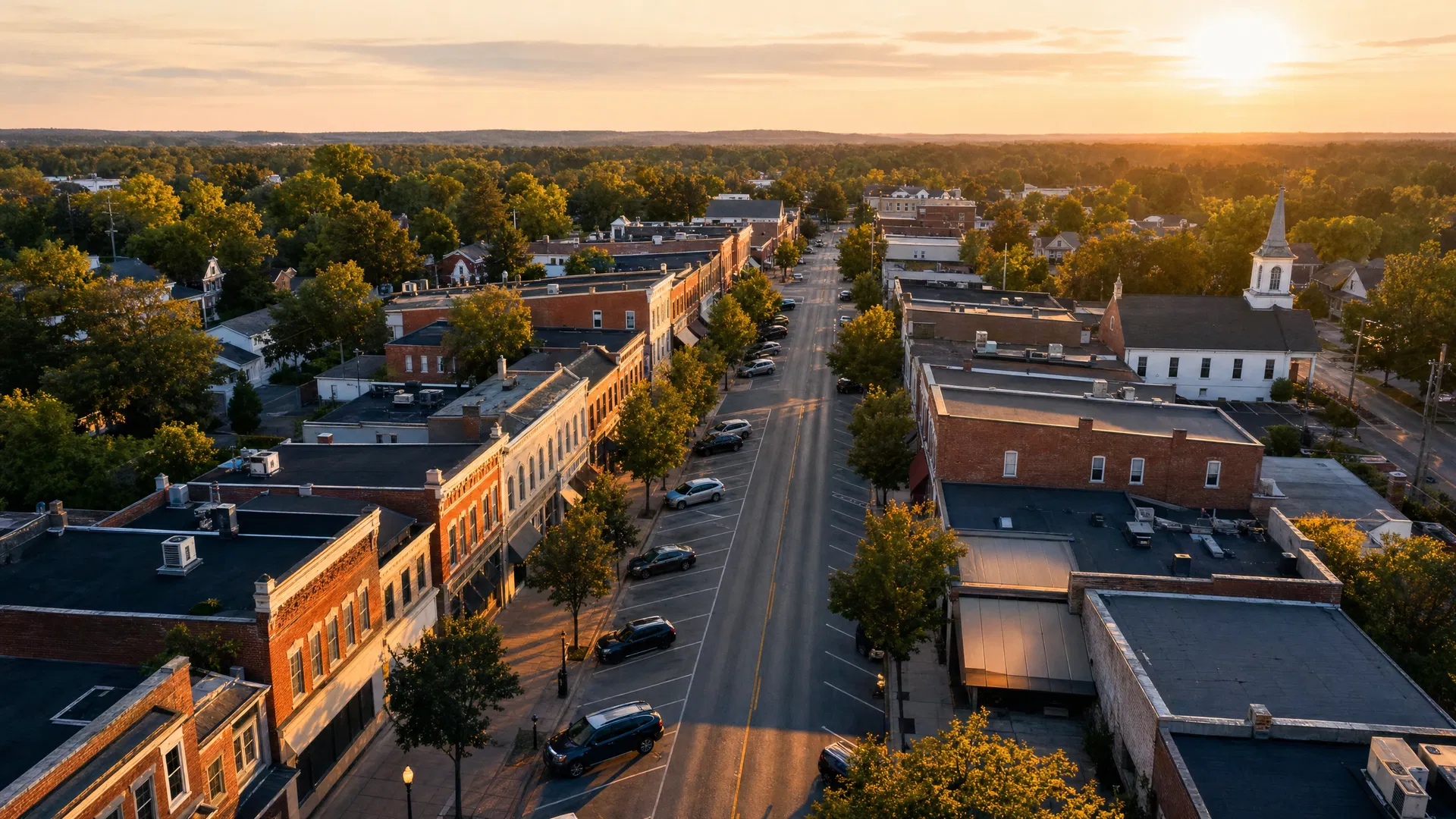 Small-town main street at golden hour