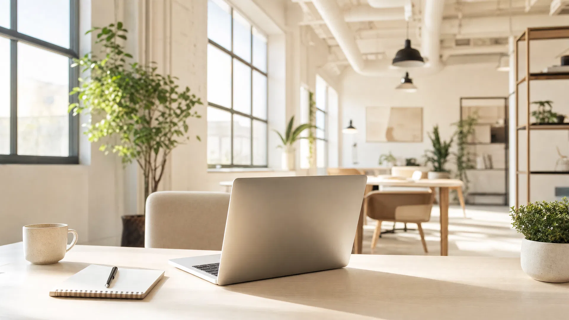 Modern workspace with laptop and natural light