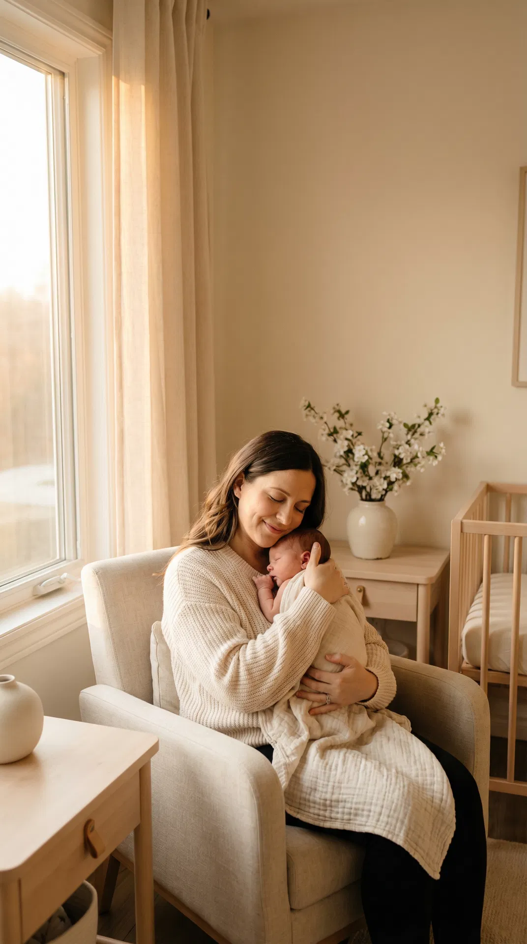 Mother holding her newborn in a clean, peaceful room