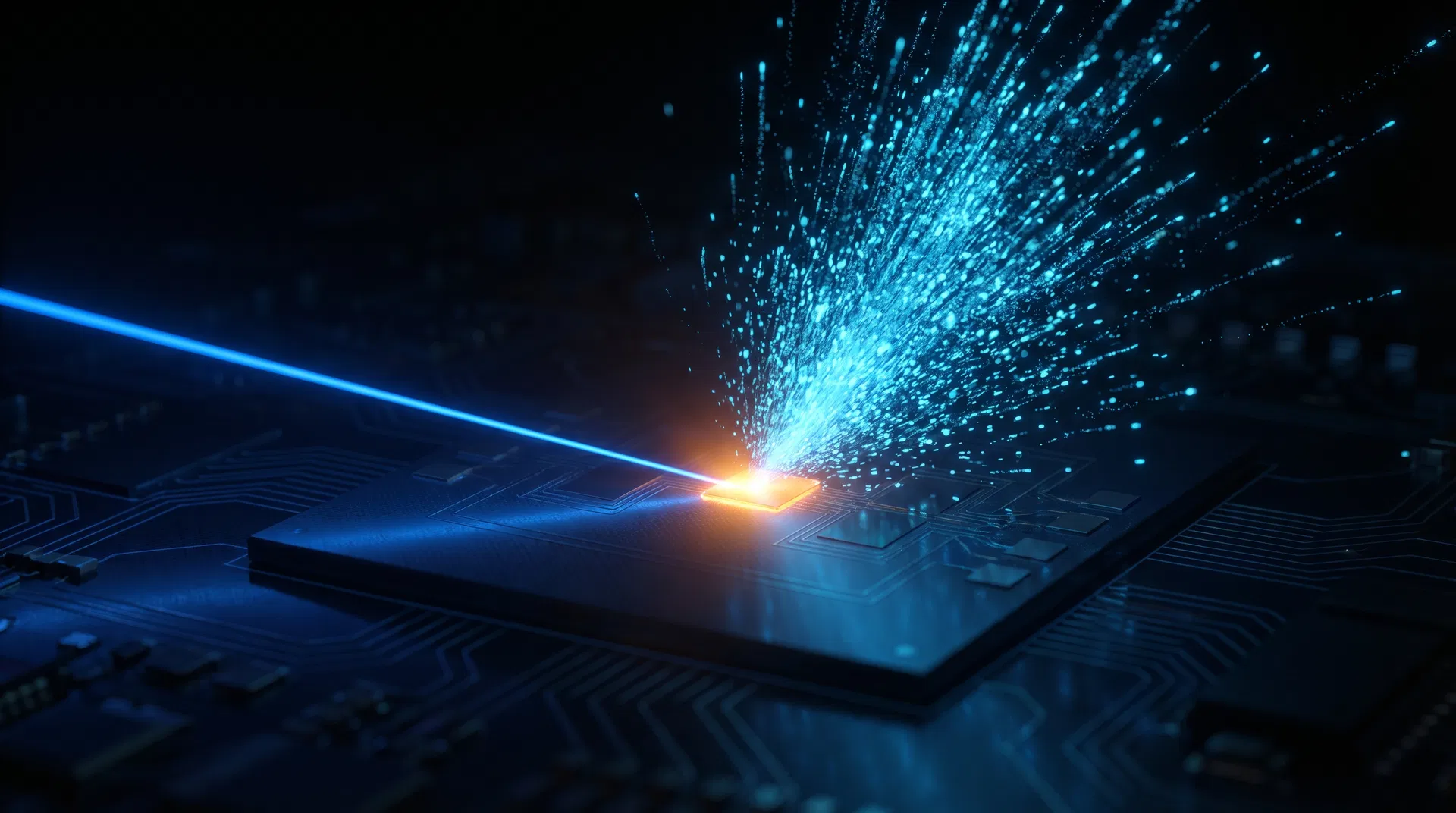 MXL laser targeting a thermal hotspot on a semiconductor chip — blue laser beam strikes amber hotspot, blue photons scatter outward carrying heat away as light