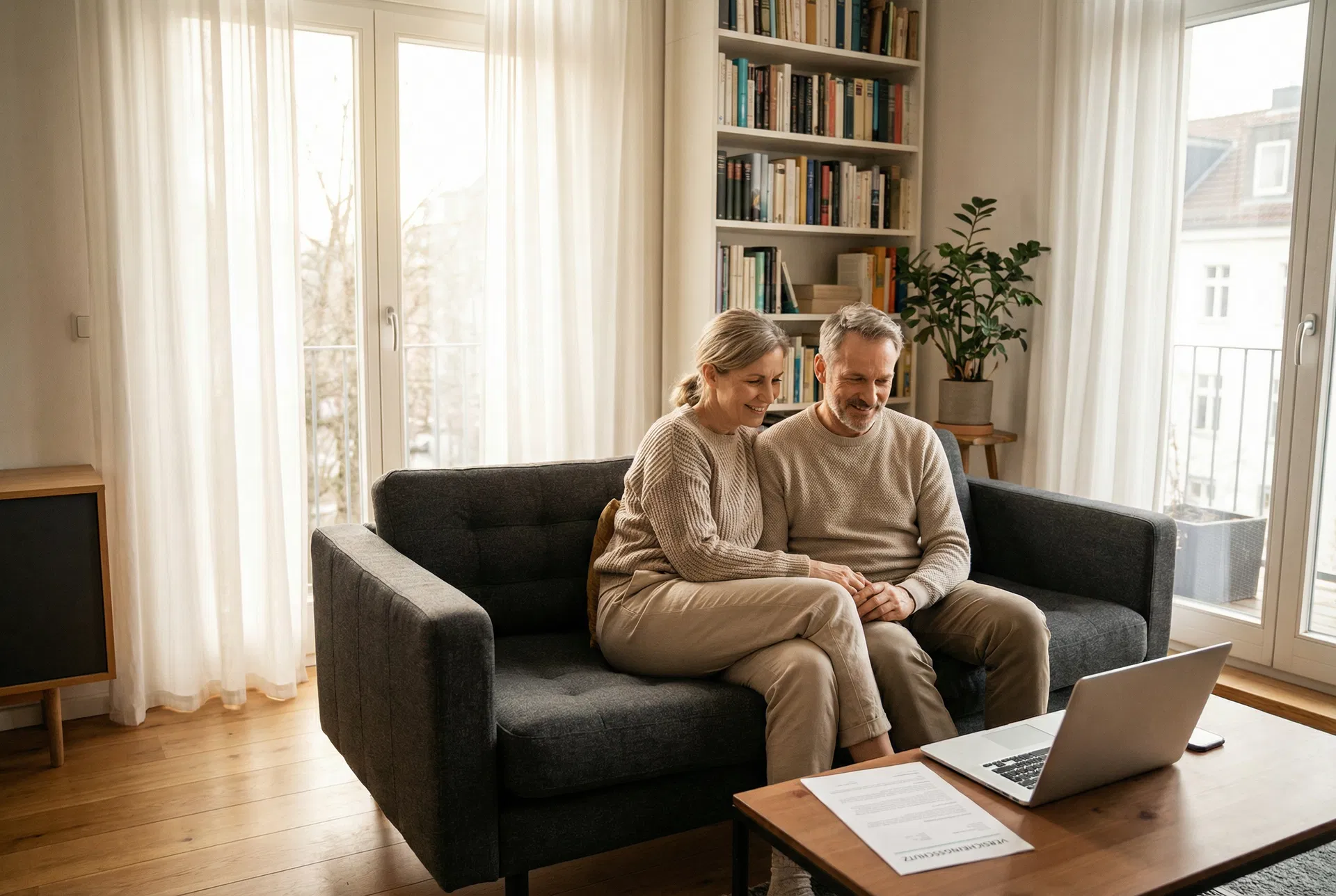 Deutsches Paar prüft Versicherungsunterlagen gemeinsam auf dem Sofa