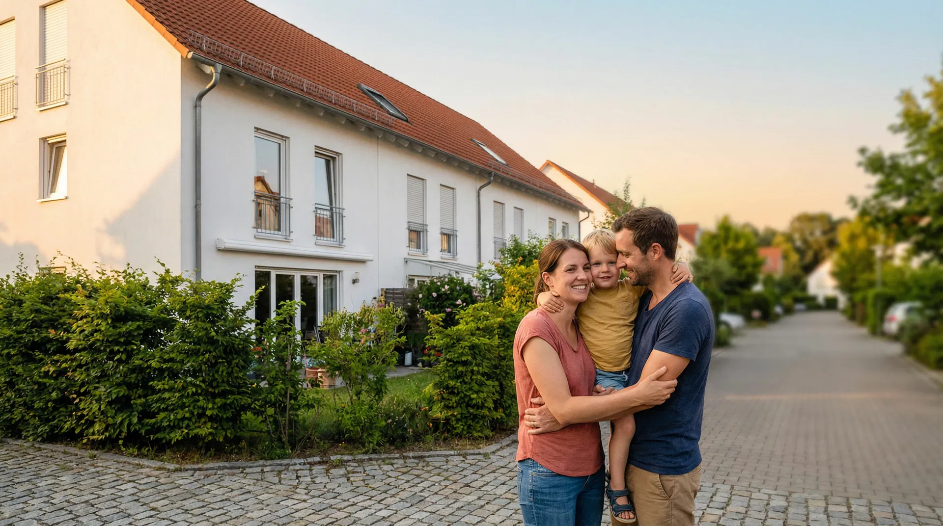 Deutsche Familie vor ihrem Eigenheim in einer ruhigen Wohnstraße