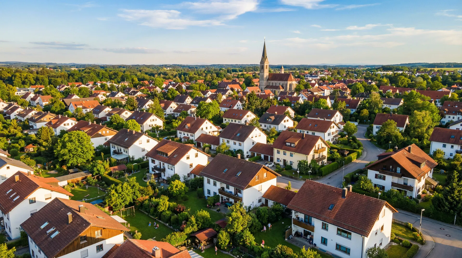 Deutsche Wohnsiedlung mit traditionellen Dächern aus der Vogelperspektive