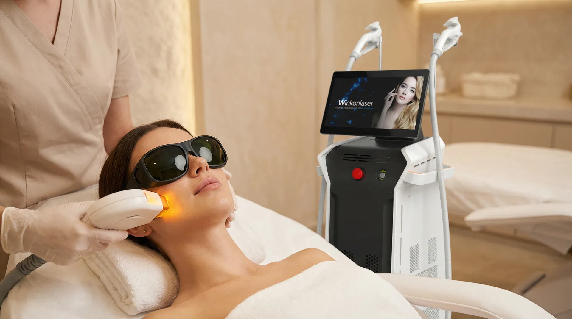 Woman receiving DPL photofacial treatment with protective eyewear