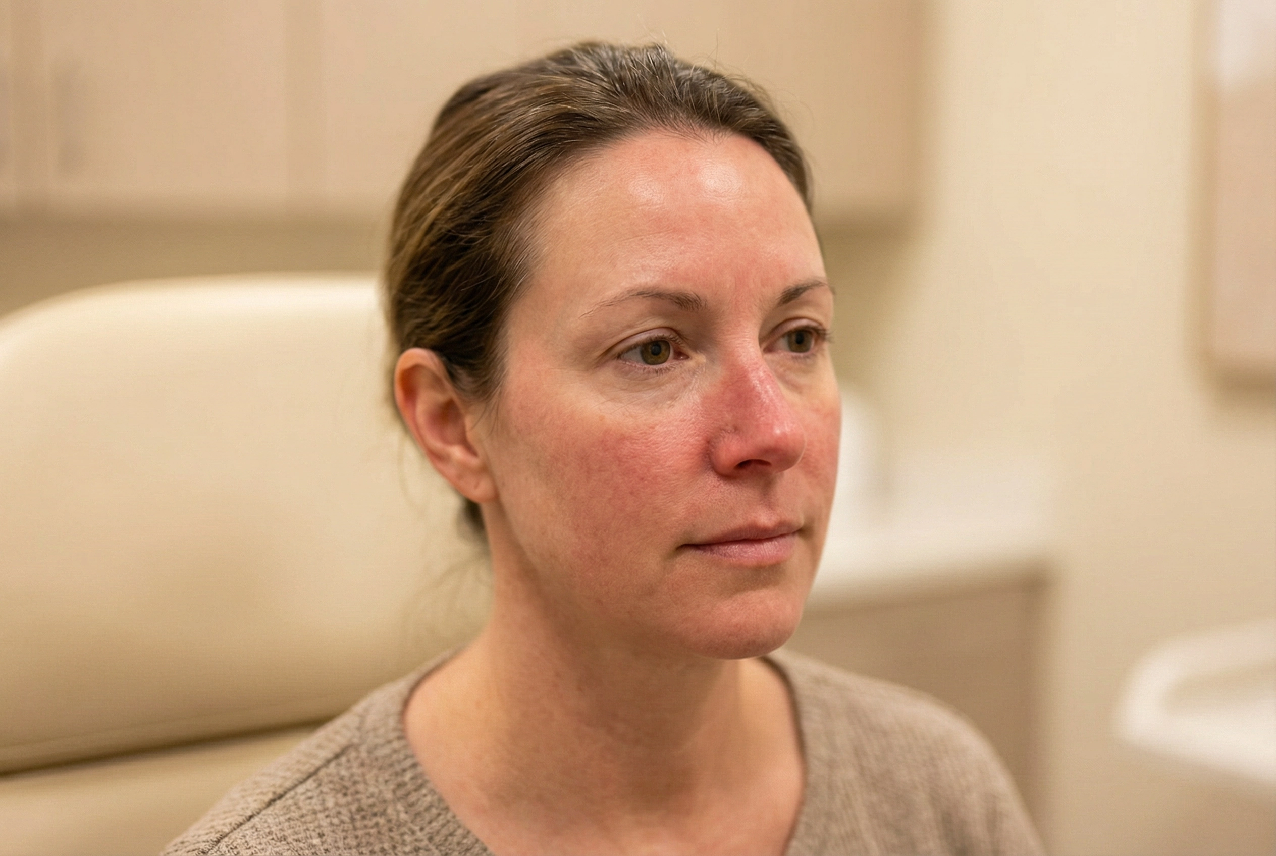 Patient with rosacea redness receiving treatment consultation at Lakewood Med Spa Dallas