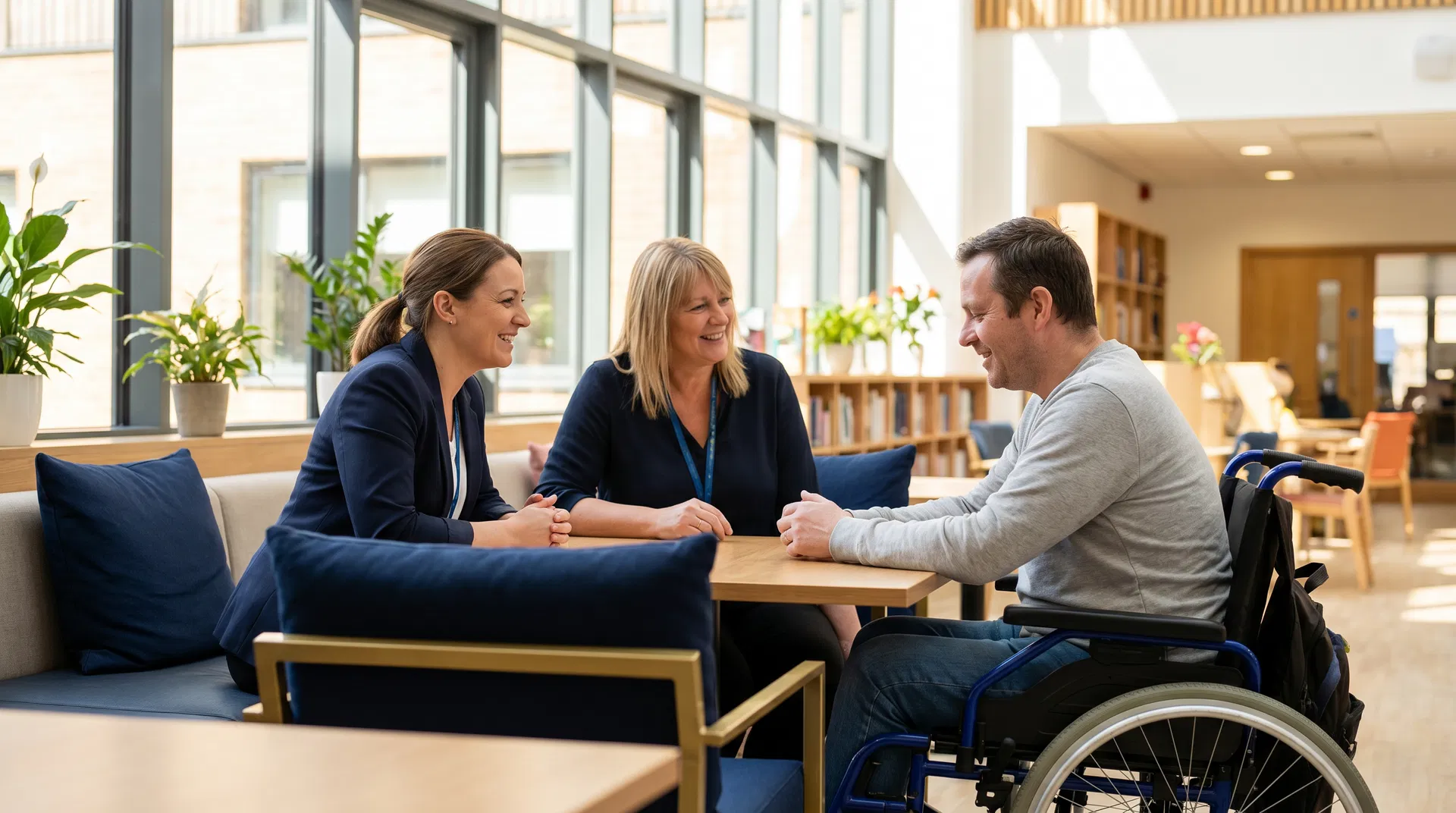 Support workers and person with disability in community centre
