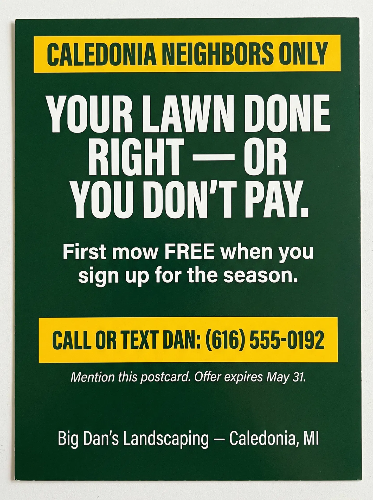 Direct-response Big Dan's Landscaping ad — bold guarantee, free first mow offer, clear CTA