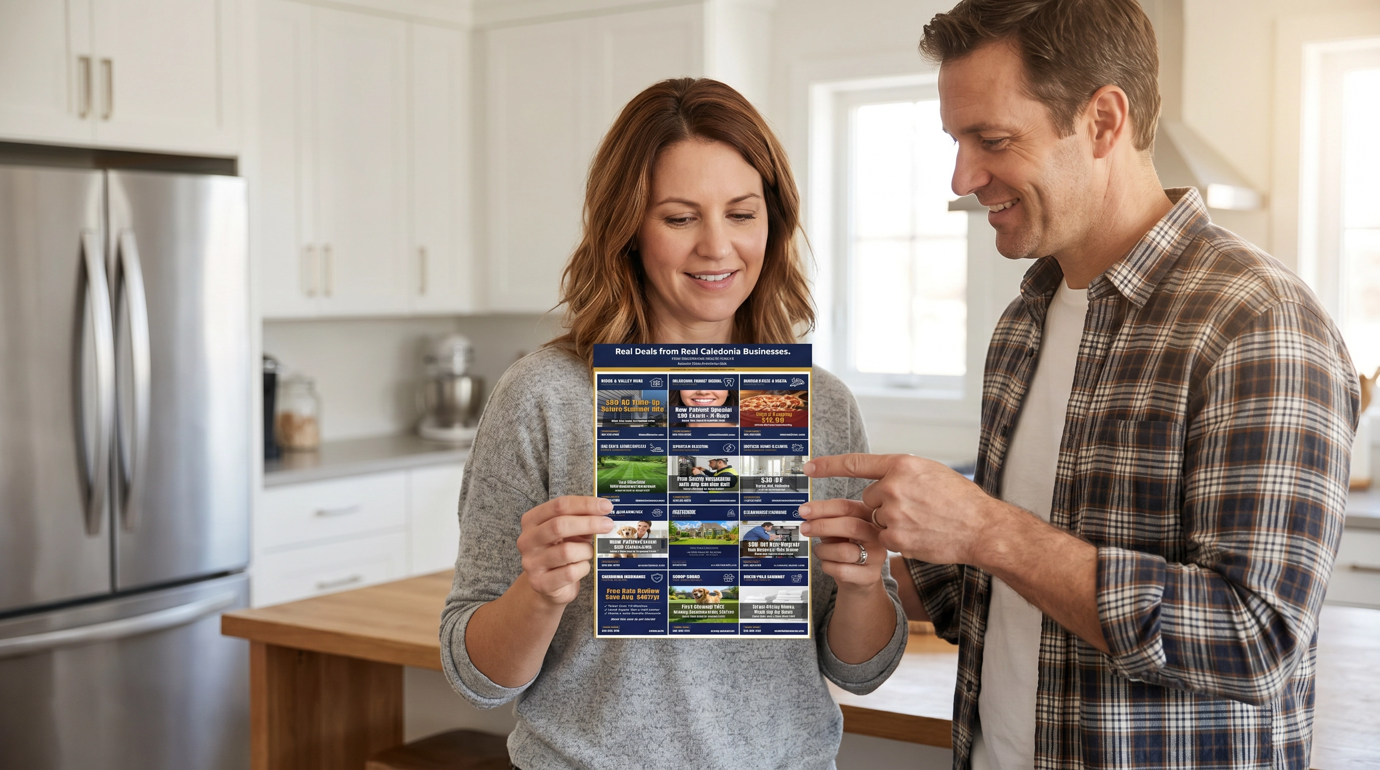 Couple at home looking at a Your Postcard Guy mailer