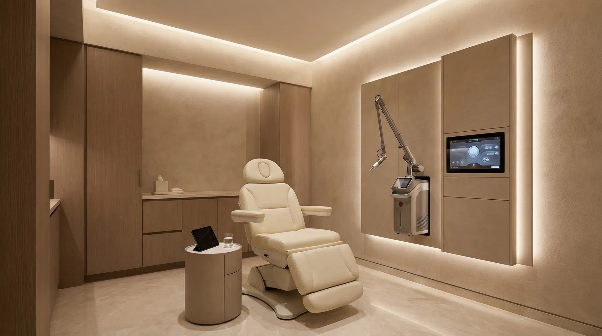 Ultra-luxury laser treatment room with no windows, cream treatment chair, advanced laser equipment, minimalist design