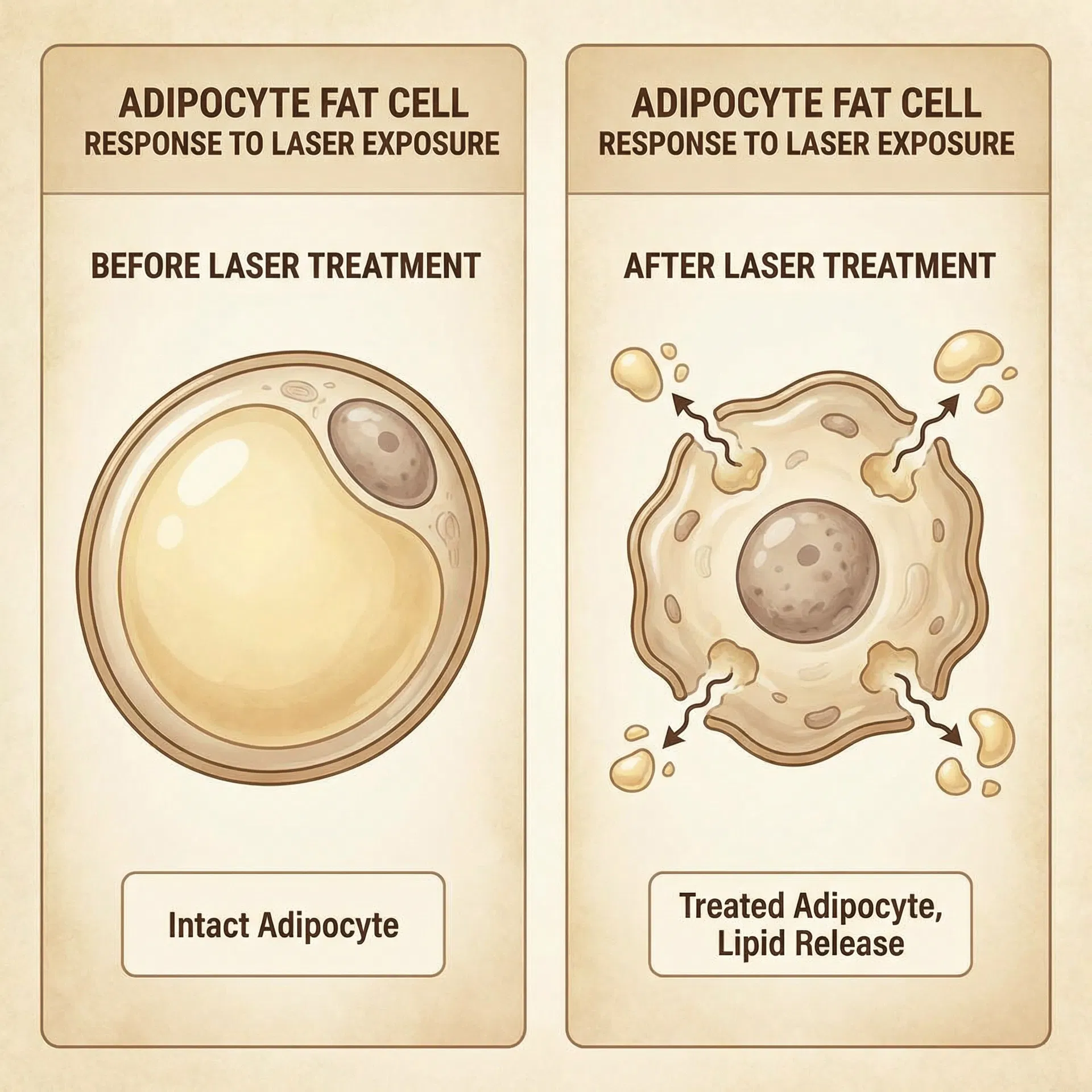 Professional medical science diagram showing adipocyte fat cell before and after laser exposure with lipid release and cell shrinking