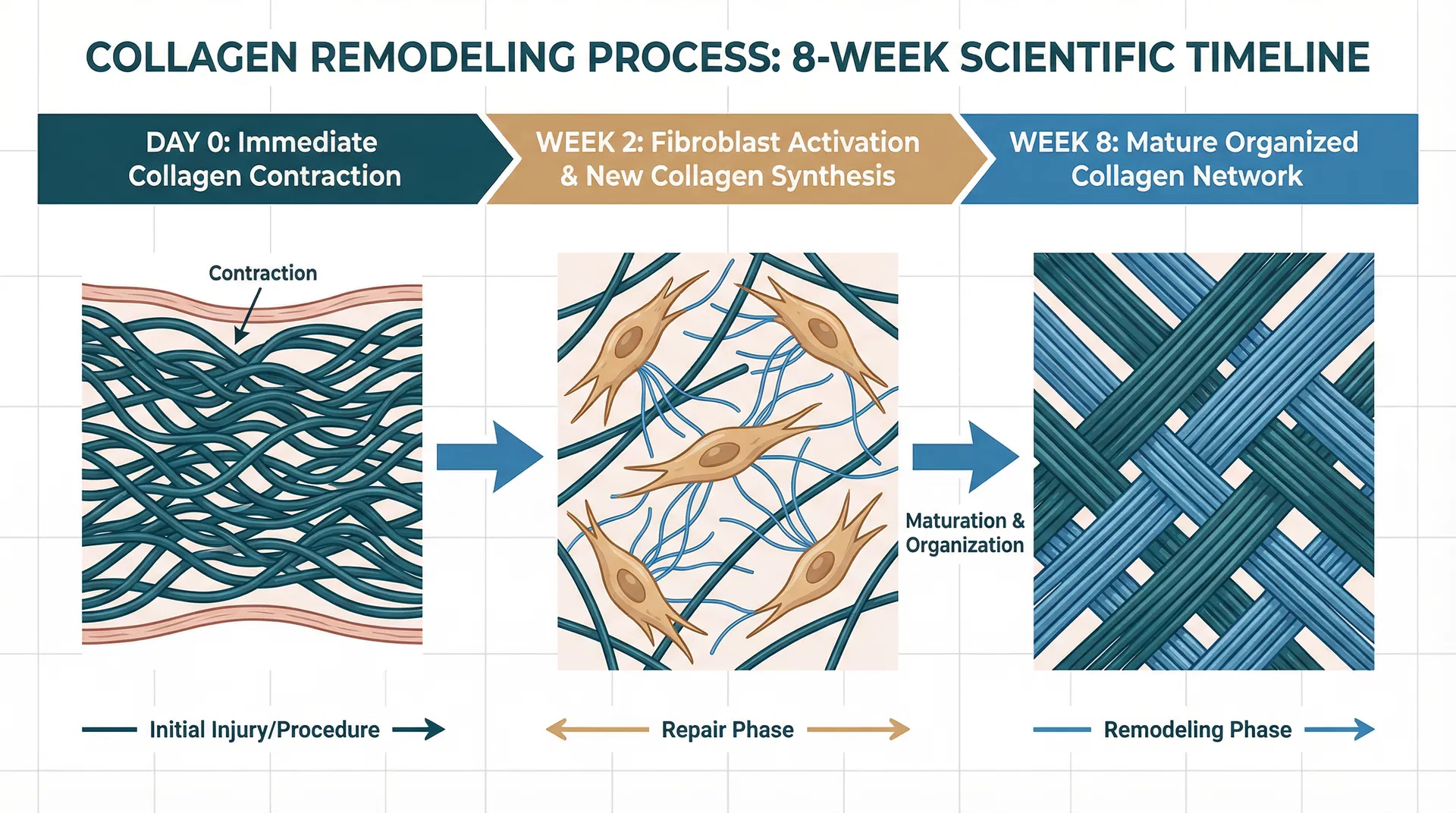 Scientific timeline showing immediate collagen contraction at Day 0, fibroblast activation and new collagen synthesis at Week 2, and mature organized collagen network at Week 8
