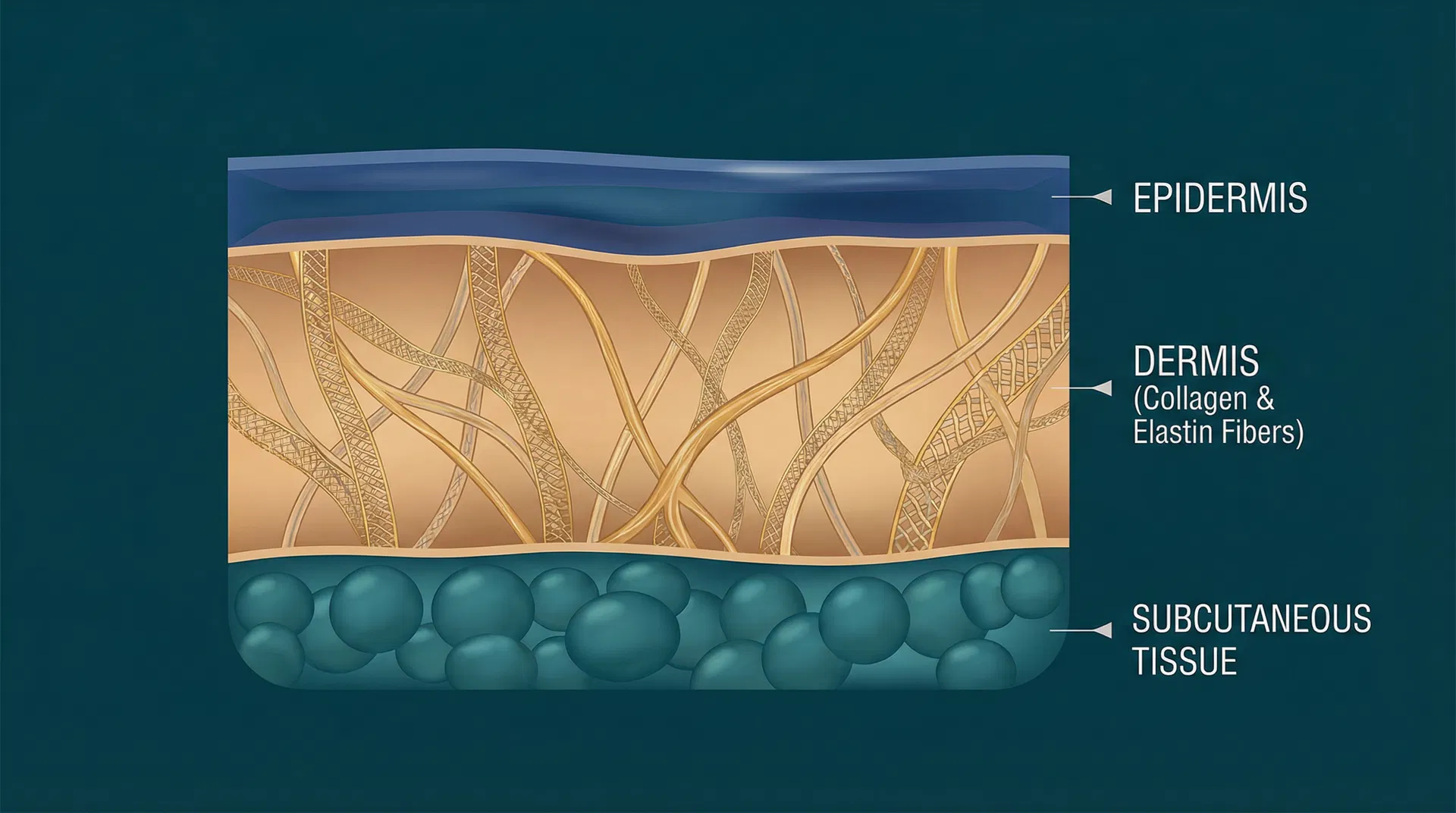 Cross-sectional diagram of skin showing epidermis, dermis, and subcutaneous tissue with collagen and elastin network highlighted, demonstrating how AdvaTx infrared energy penetrates to stimulate collagen remodeling