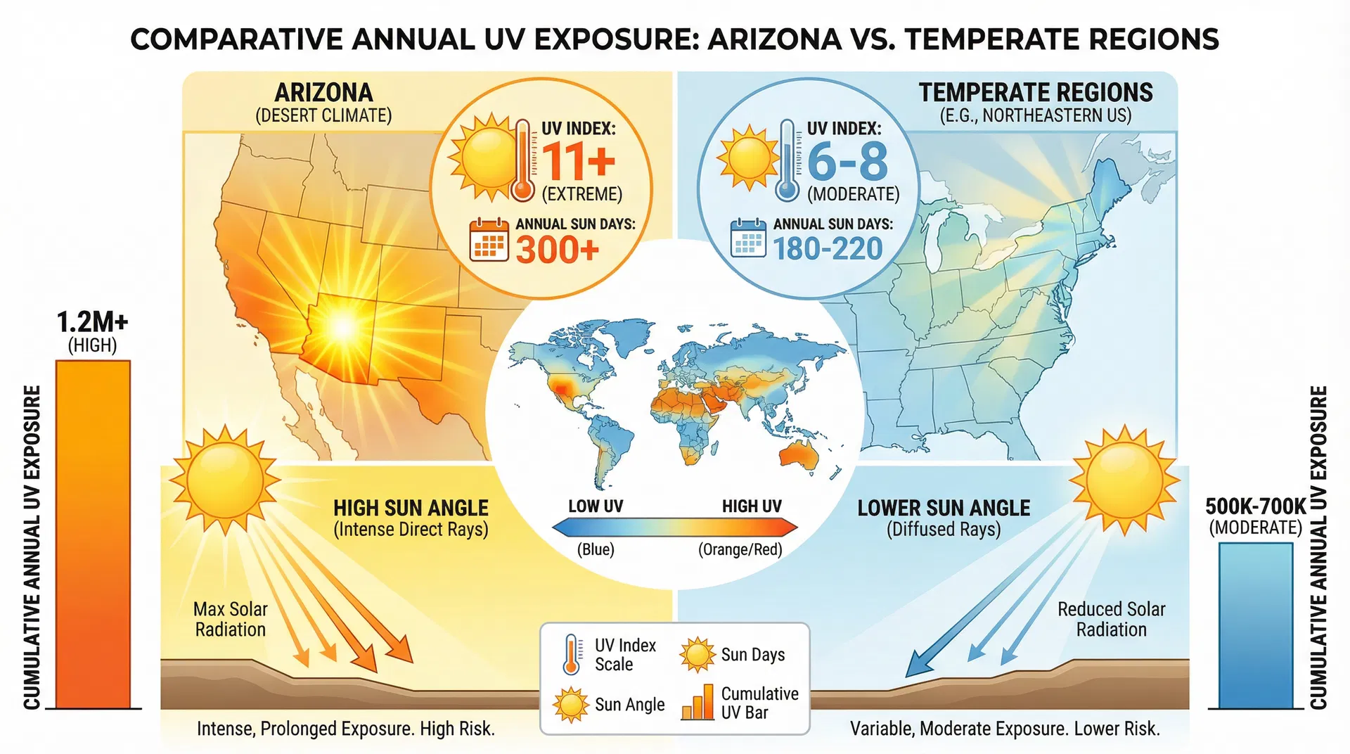 Comparison map showing Arizona with UV index 11+ and 300+ sun days versus temperate regions with UV index 6-8 and 180-220 sun days, with cumulative annual UV exposure bars