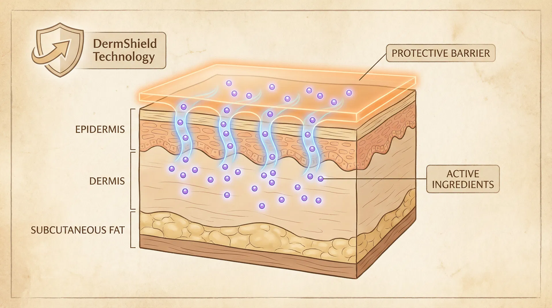 Scientific illustration showing active ingredients penetrating skin layers while a protective barrier layer remains intact