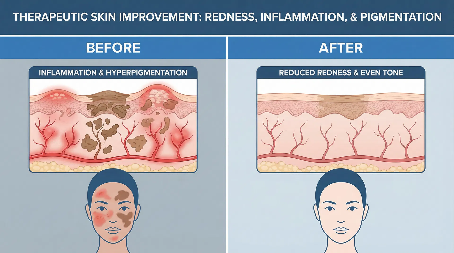 Before-and-after scientific visualization showing reduction in redness, inflammation, and pigmentation in skin