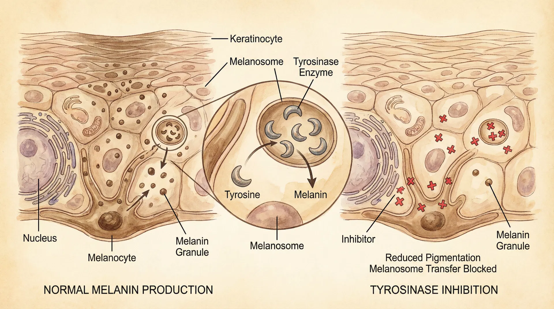 Cellular-level scientific illustration showing melanin production and tyrosinase enzyme inhibition with reduced pigmentation