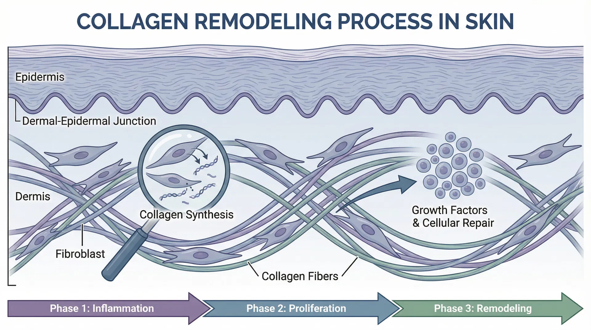Scientific illustration showing collagen remodeling process in skin with fibroblasts, collagen synthesis, growth factors, and tissue remodeling phases