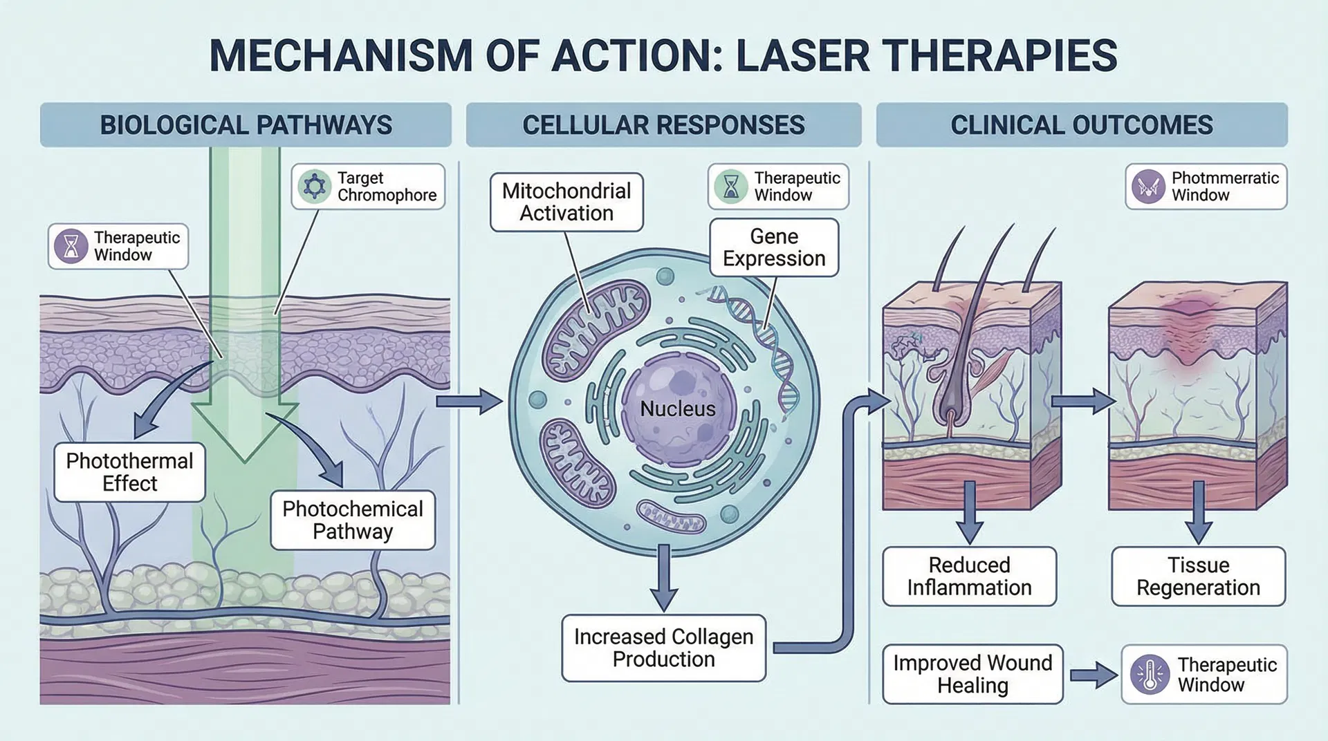 Scientific illustration showing mechanism of action for laser therapies with biological pathways, cellular responses, and clinical outcomes