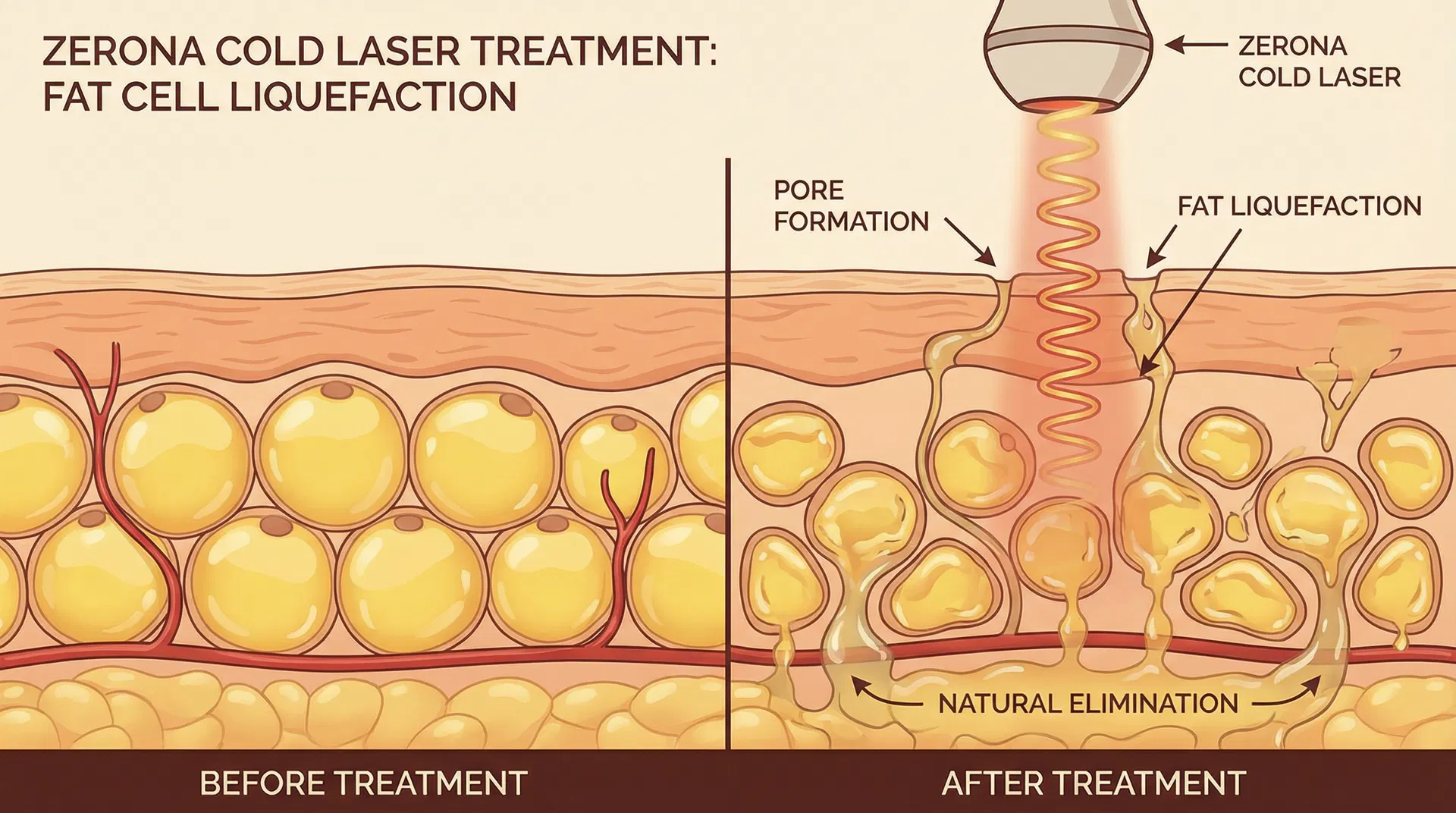 Medical illustration showing Zerona cold laser fat cell liquefaction process