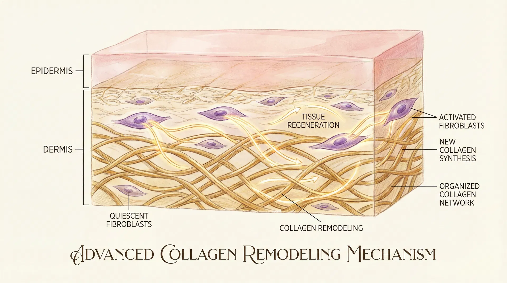 Scientific illustration showing collagen remodeling mechanism with fibroblasts activating, new collagen fiber synthesis, and organized collagen network formation