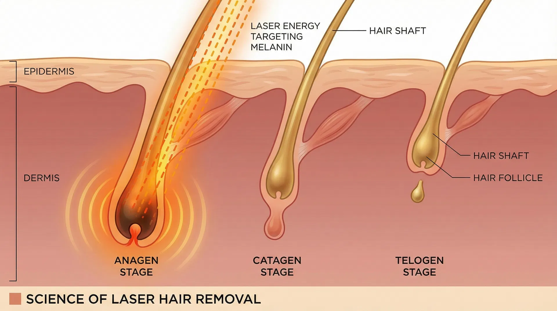 Scientific illustration of hair follicle growth stages and laser energy targeting