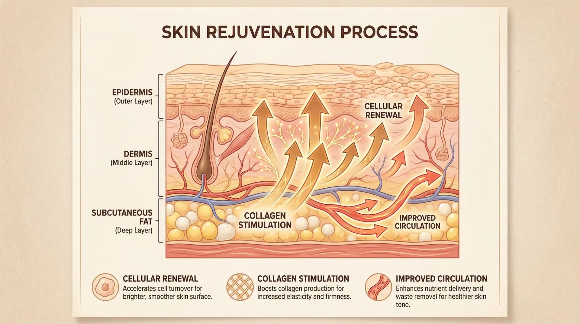 Infographic showing skin rejuvenation process with collagen stimulation and cellular renewal