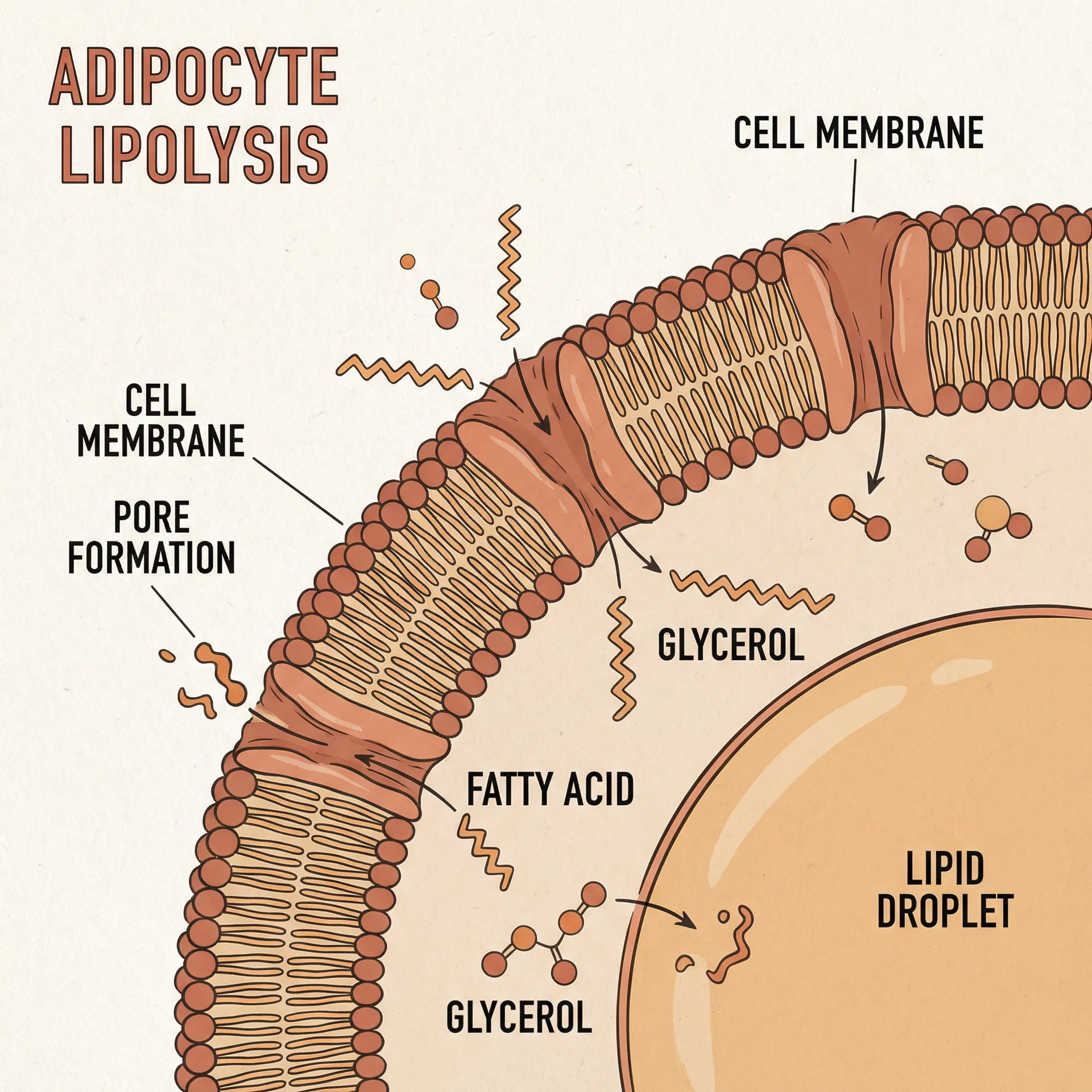 Professional medical science diagram showing cell membrane permeability with temporary pores forming and fatty acids exiting the adipocyte membrane