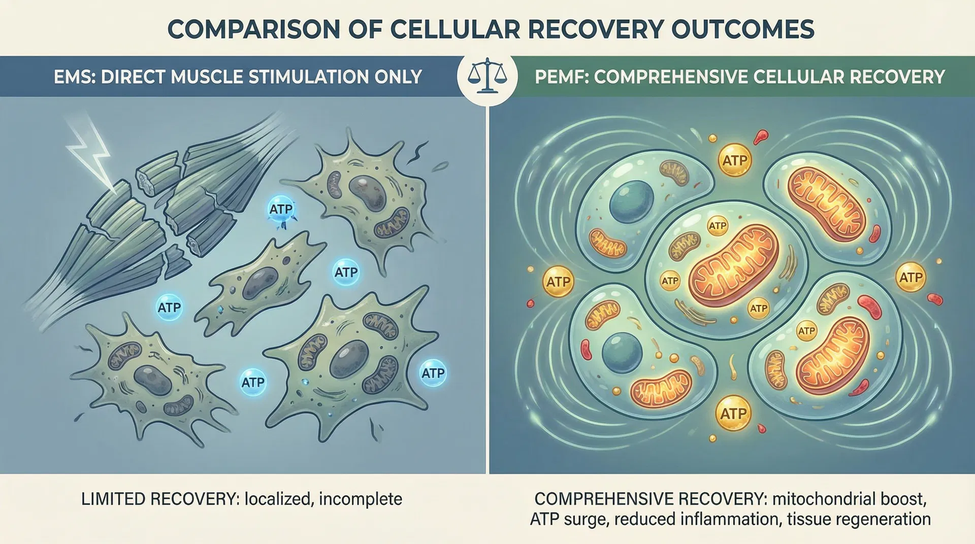 Comparison illustration showing EMS producing limited localized muscle contraction and temporary ATP production versus PEMF triggering comprehensive cellular recovery with enhanced mitochondrial function, ATP surge, reduced inflammation, and tissue regeneration