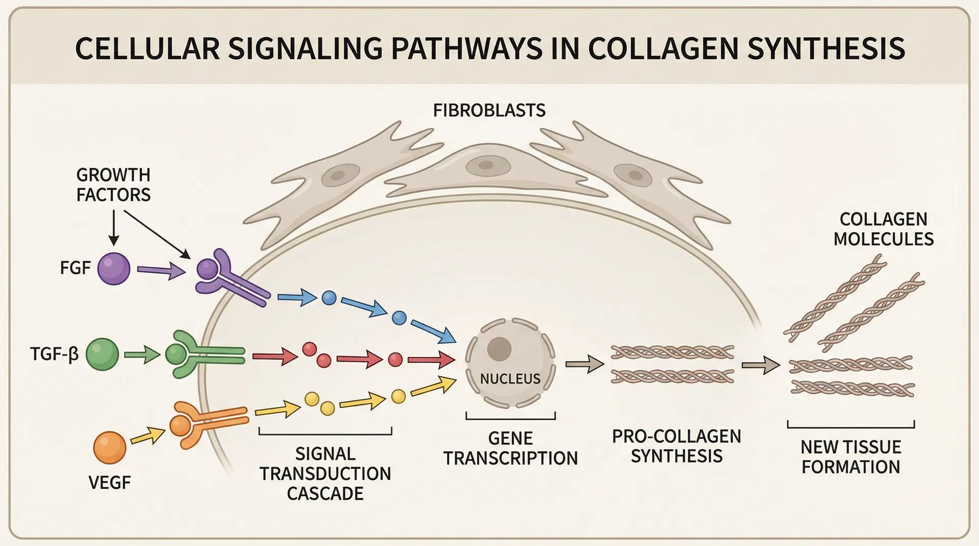Scientific medical illustration showing cellular signaling pathways with growth factors binding to cell receptors, triggering intracellular signaling cascades, and leading to collagen synthesis