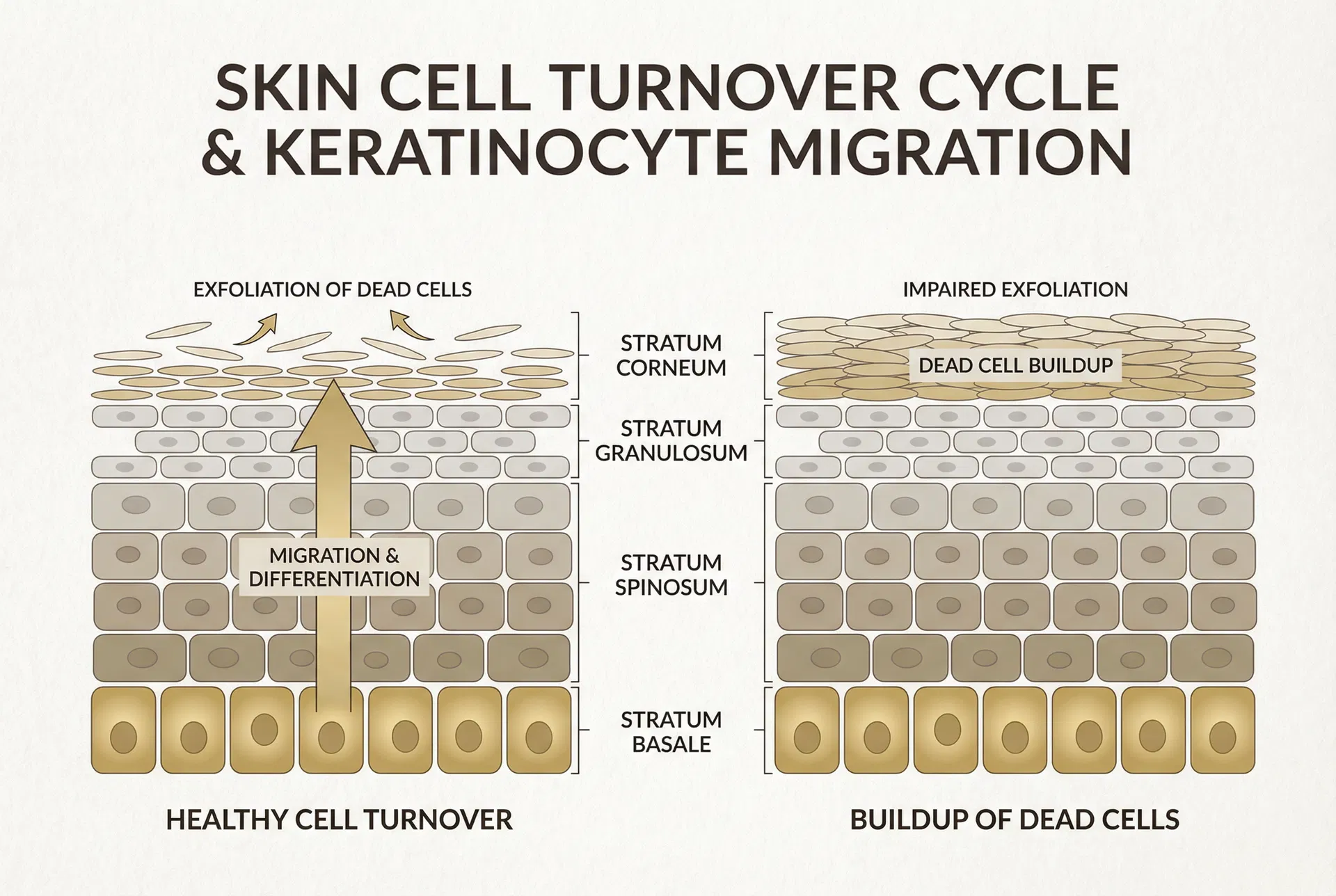 Medical illustration showing skin cell turnover cycle with keratinocyte migration from basal layer to surface, comparing healthy cell turnover with exfoliation versus impaired exfoliation and dead cell buildup