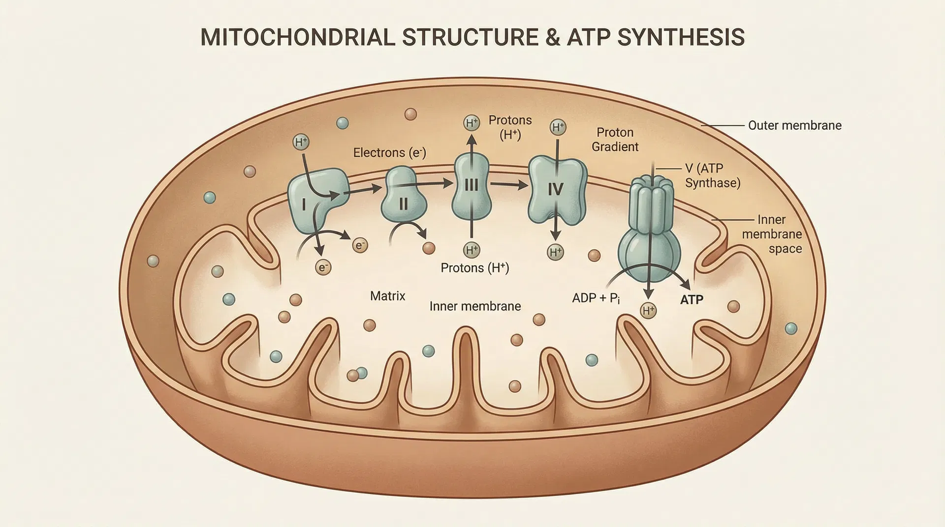 Cross-sectional diagram of mitochondrial structure showing inner and outer membranes, electron transport chain protein complexes labeled I through V, electrons flowing through the chain, and proton gradient formation across the inner membrane for ATP synthesis