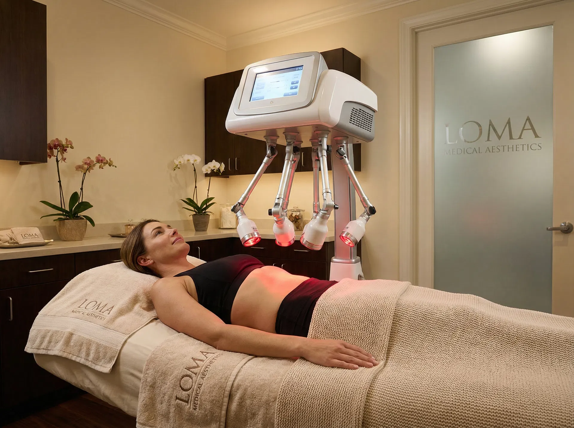 Professional cold laser therapy full-body treatment with Zerona-style machine and five laser applicator heads at Loma Skin and Laser in Scottsdale