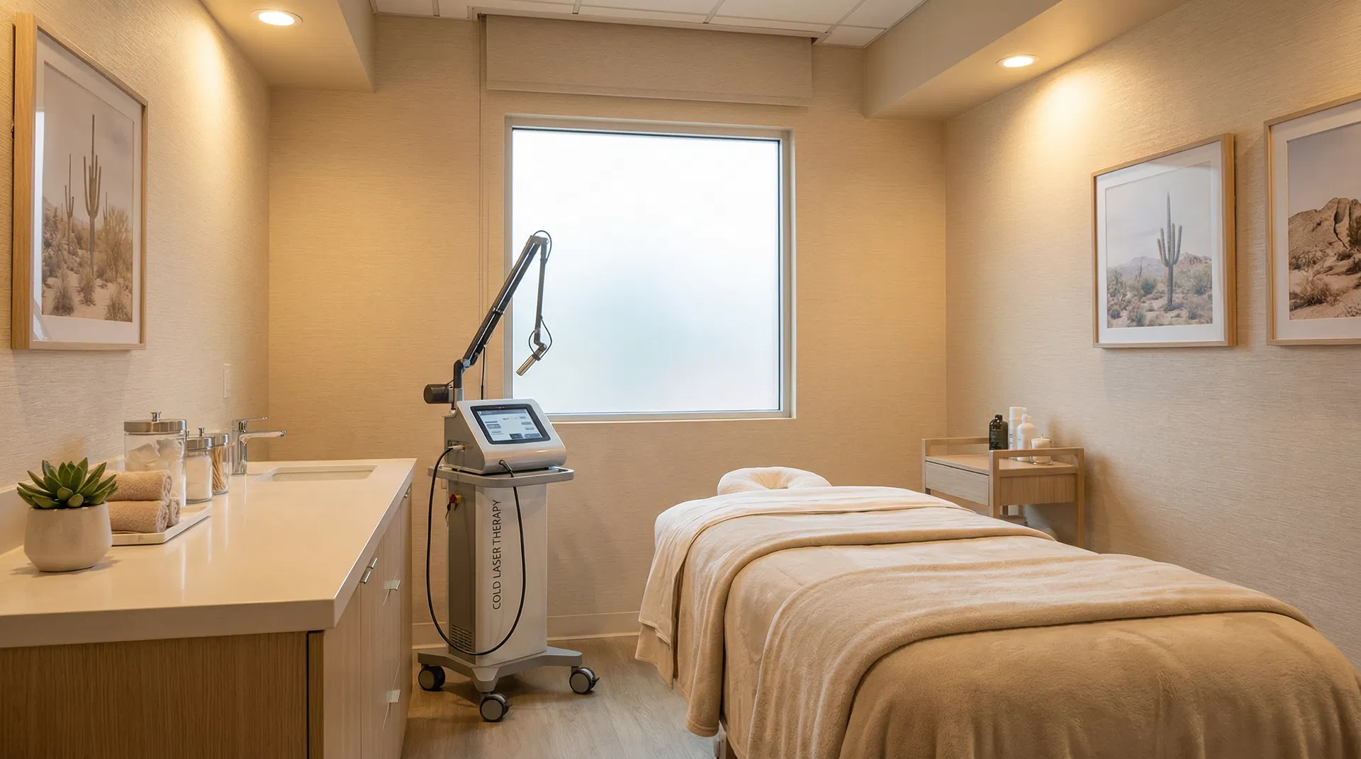 Serene cold laser therapy treatment room at Loma Skin and Laser in Scottsdale with warm lighting and professional equipment