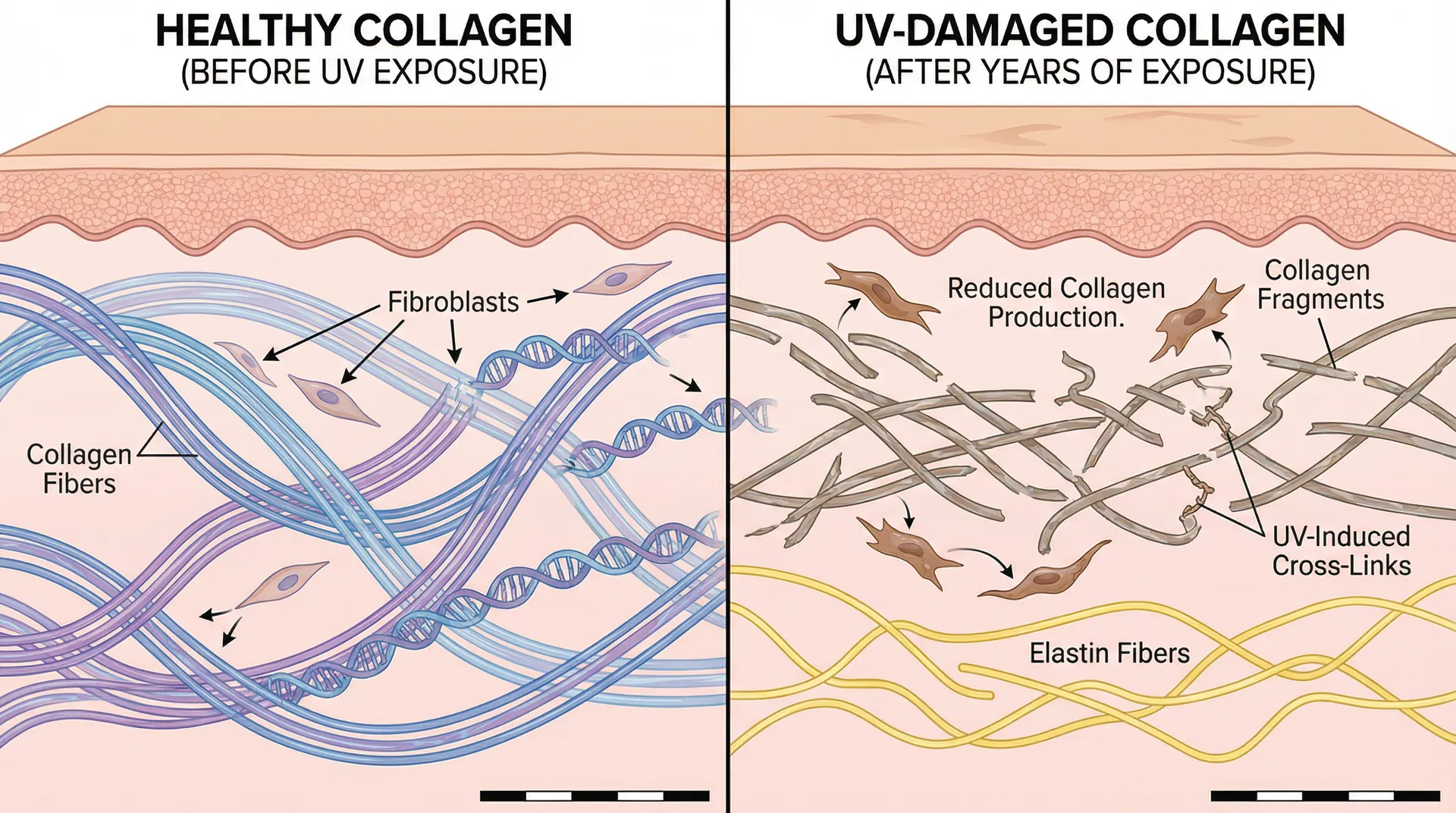 Side-by-side comparison of healthy collagen fibers on the left showing organized, intact collagen triple helix structures with active fibroblasts, versus UV-damaged collagen on the right showing fragmented collagen fibers, broken strands, cross-linked bundles, and reduced collagen production